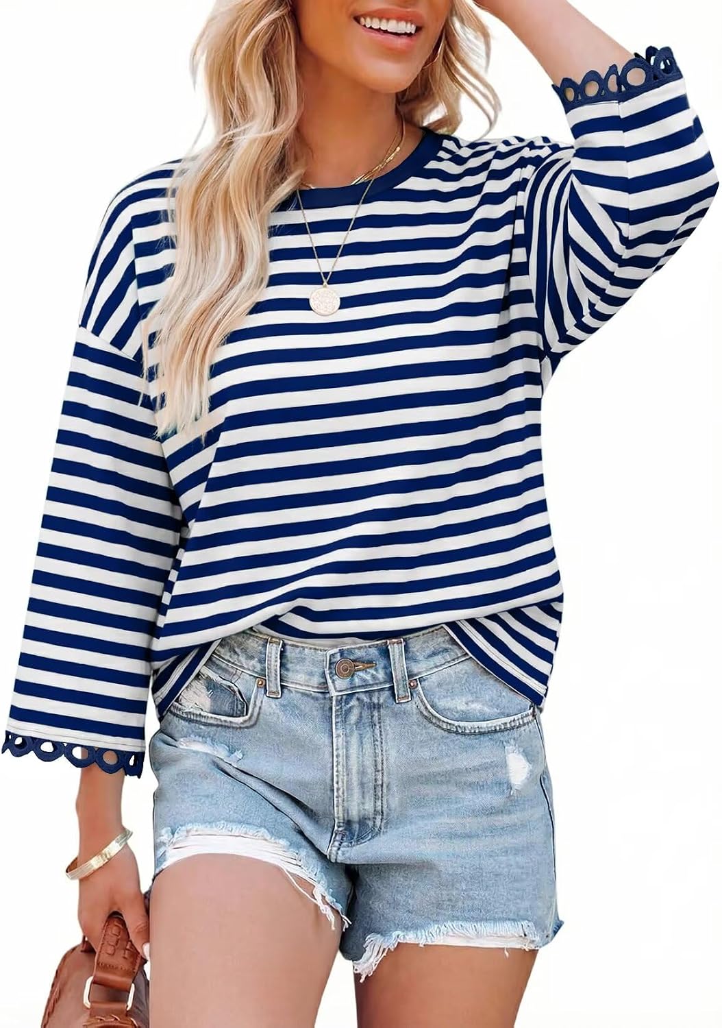Sweatshirt for Women Long Sleeve Striped Oversized Sweatshirts Casual Crewneck Pullover Summer Outfits