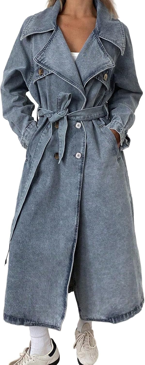 Women's Denim Trench Coat Long Sleeve Lapel Collar Double Breasted Belted Oversized Maxi Jean Jacket Duster
