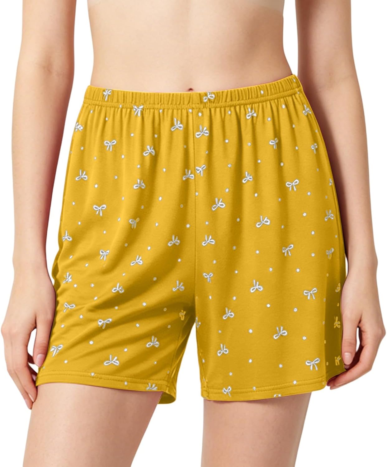 Women's Mustard Bow Print Lounge Shorts Elastic Waist