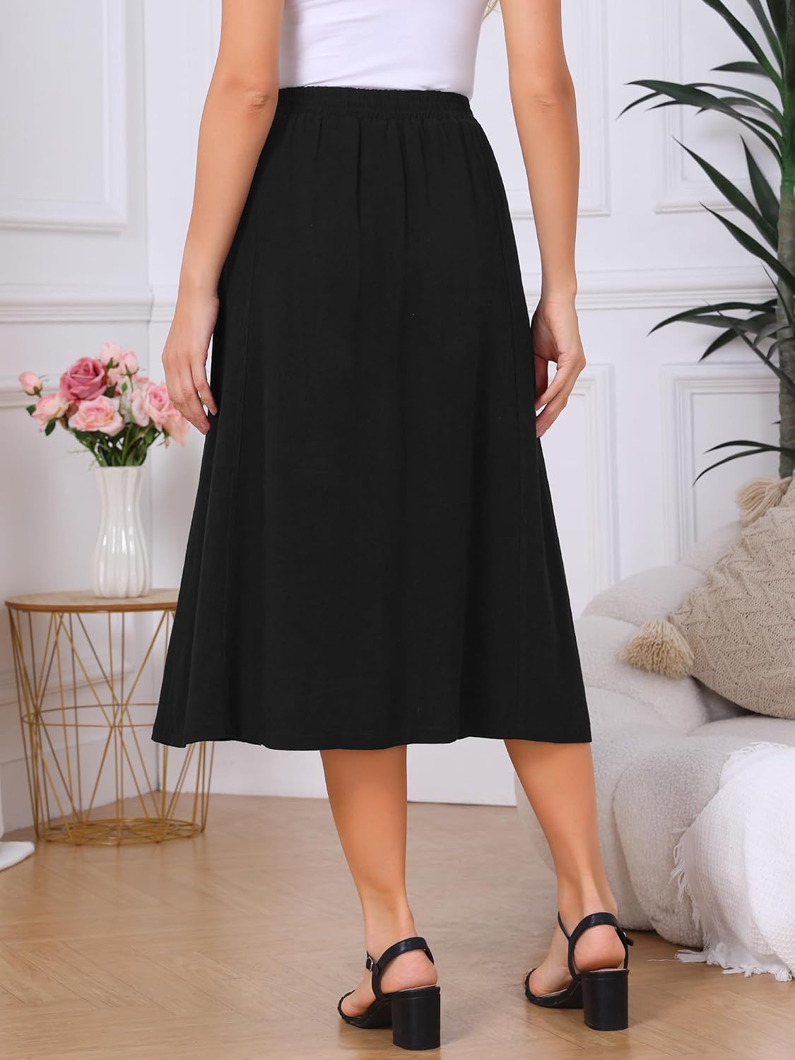 Women's Linen Skirt Summer Casual Flowy Swing Elastic High Waist A-Line Boho Midi Skirts with Pockets Women's Linen Skirt Summer Casual Flowy Swing Elastic High Waist A-Line Boho Midi Skirts with Pockets
