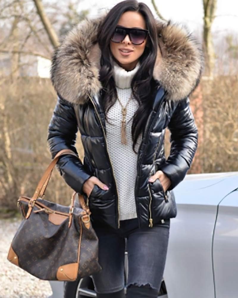 Women's Short Glossy Puffer Jacket Faux Fur Hood Black Women's Short Glossy Puffer Jacket Faux Fur Hood Black