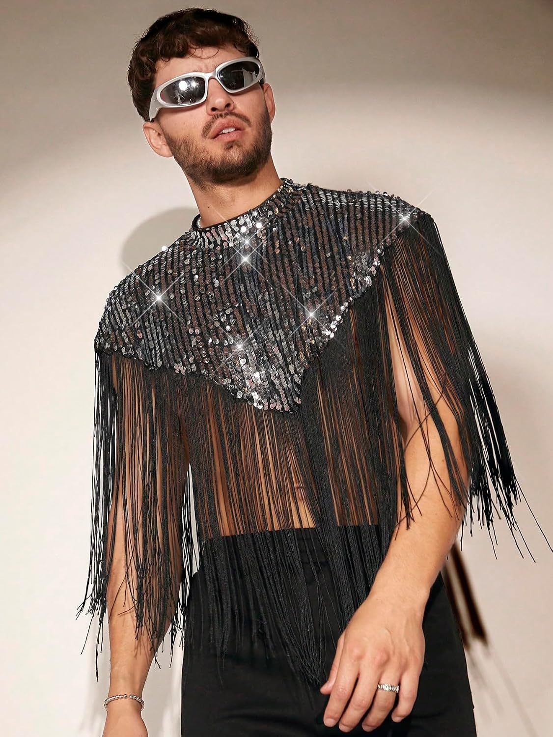 Men's Sequin Fringe Mock Neck Vest Top Black