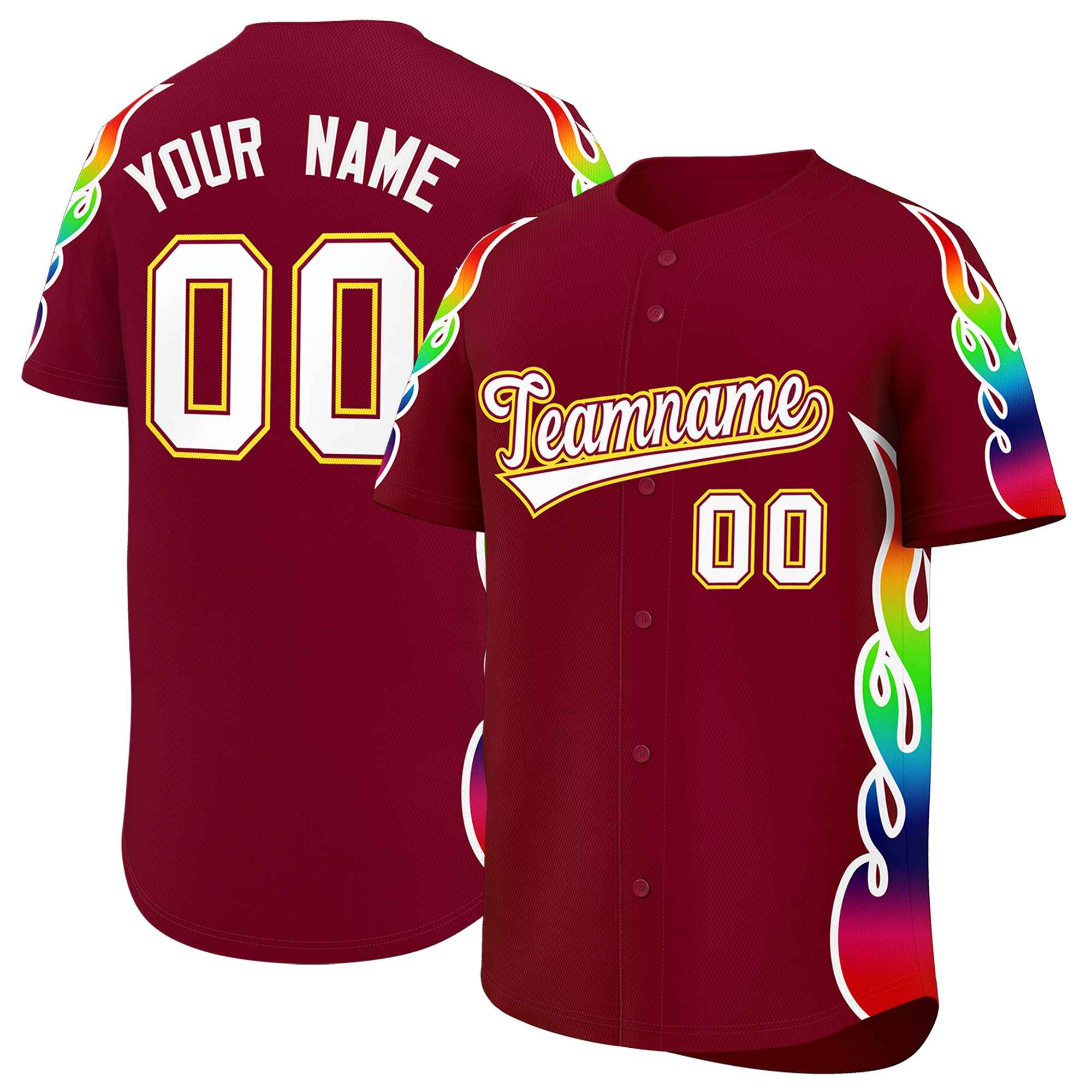 Benutzerdefiniertes Graffiti-Muster, personalisierter mehrfarbiger Flammendruck, authentisches Baseball-Trikot