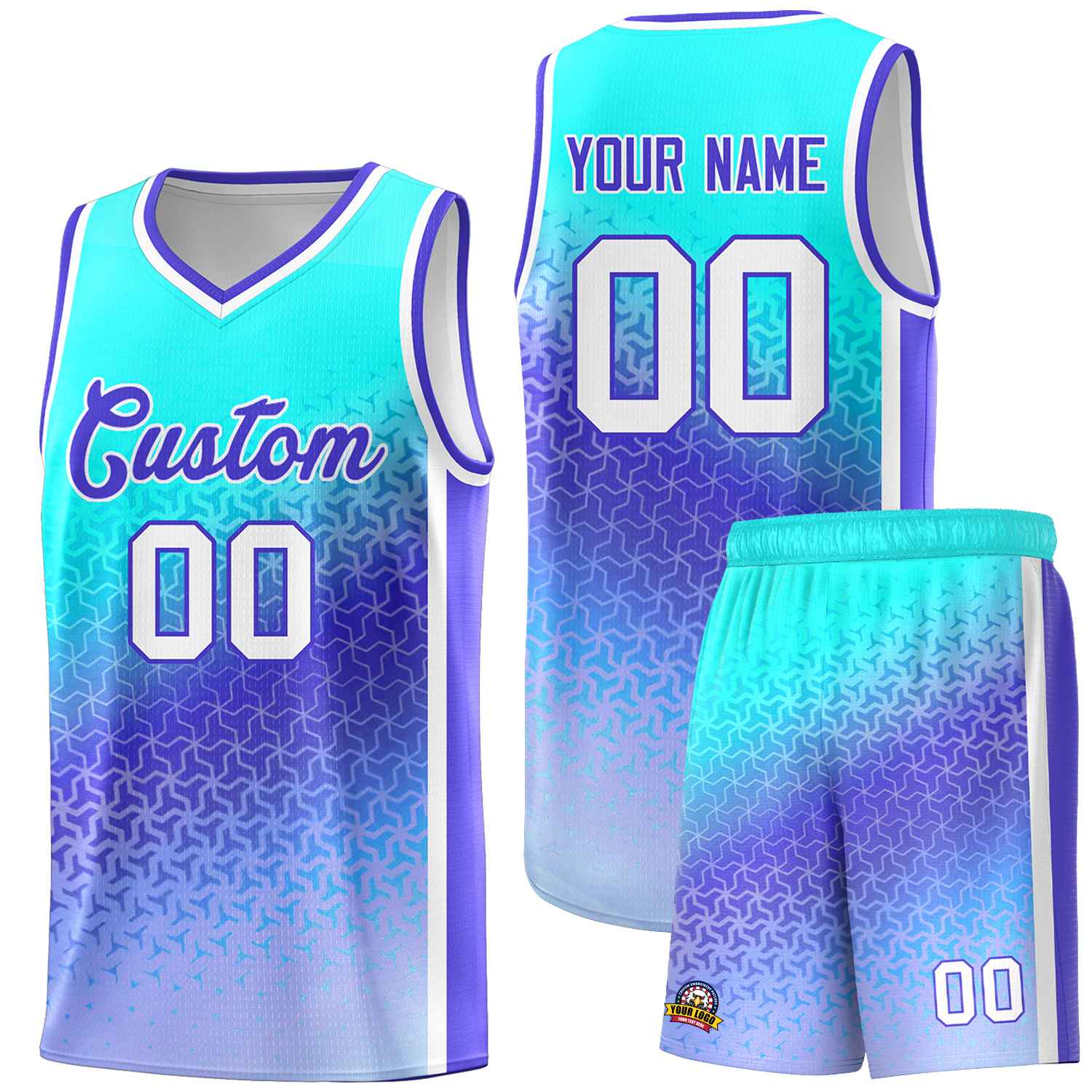 Benutzerdefiniertes himmelblaues, hellviolettes Farbverlaufsdesign, unregelmäßige Formen, Muster, Sportuniform-Basketballtrikot