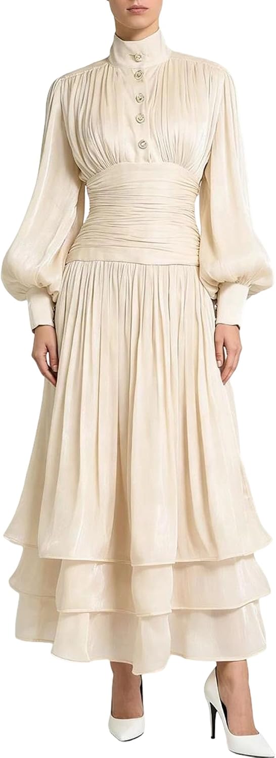 Women's High Neck Maxi Dress Puff Sleeve Ruched Champagne