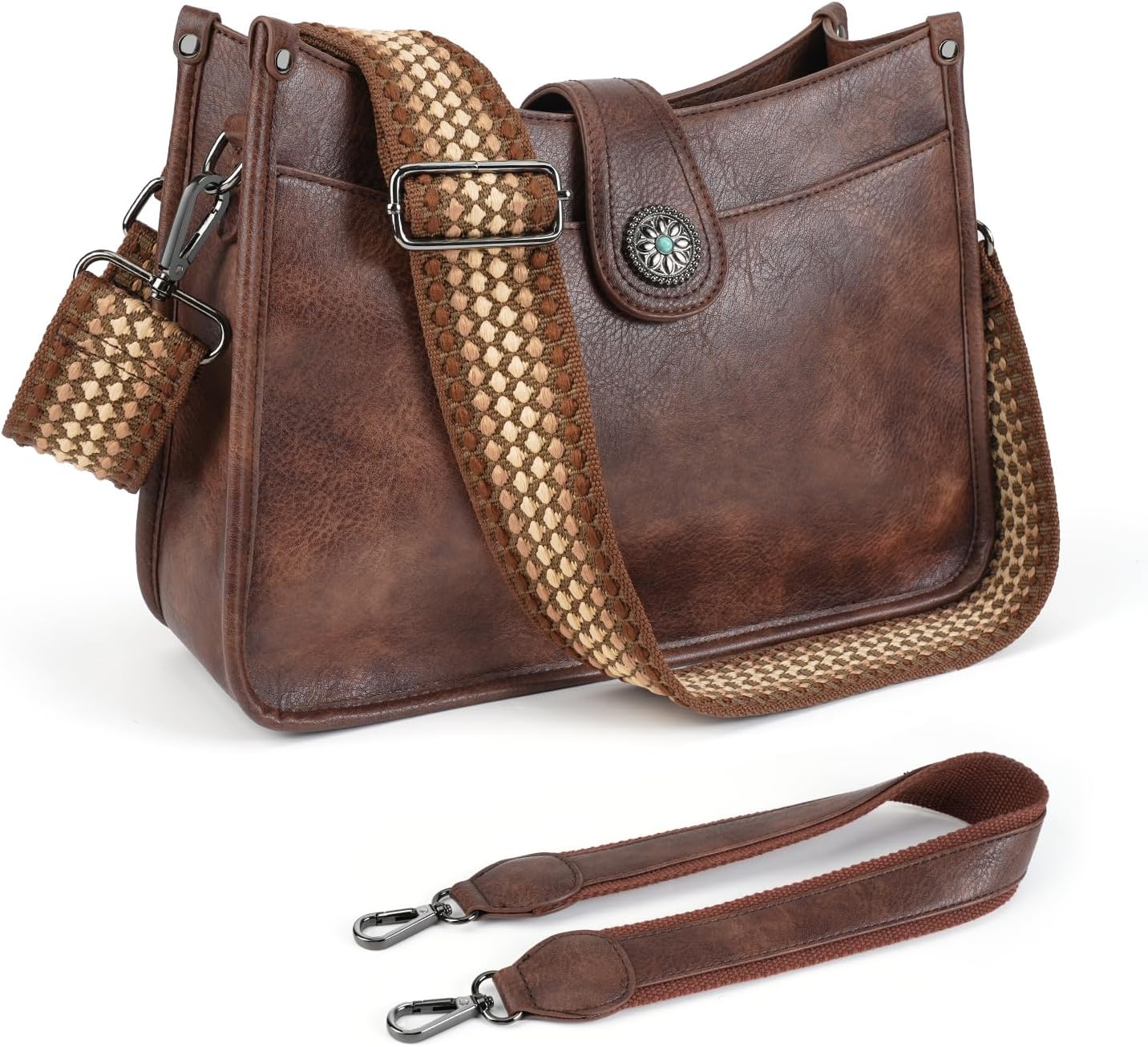 Women's Vintage Brown Hobo Purse with Woven Guitar Strap