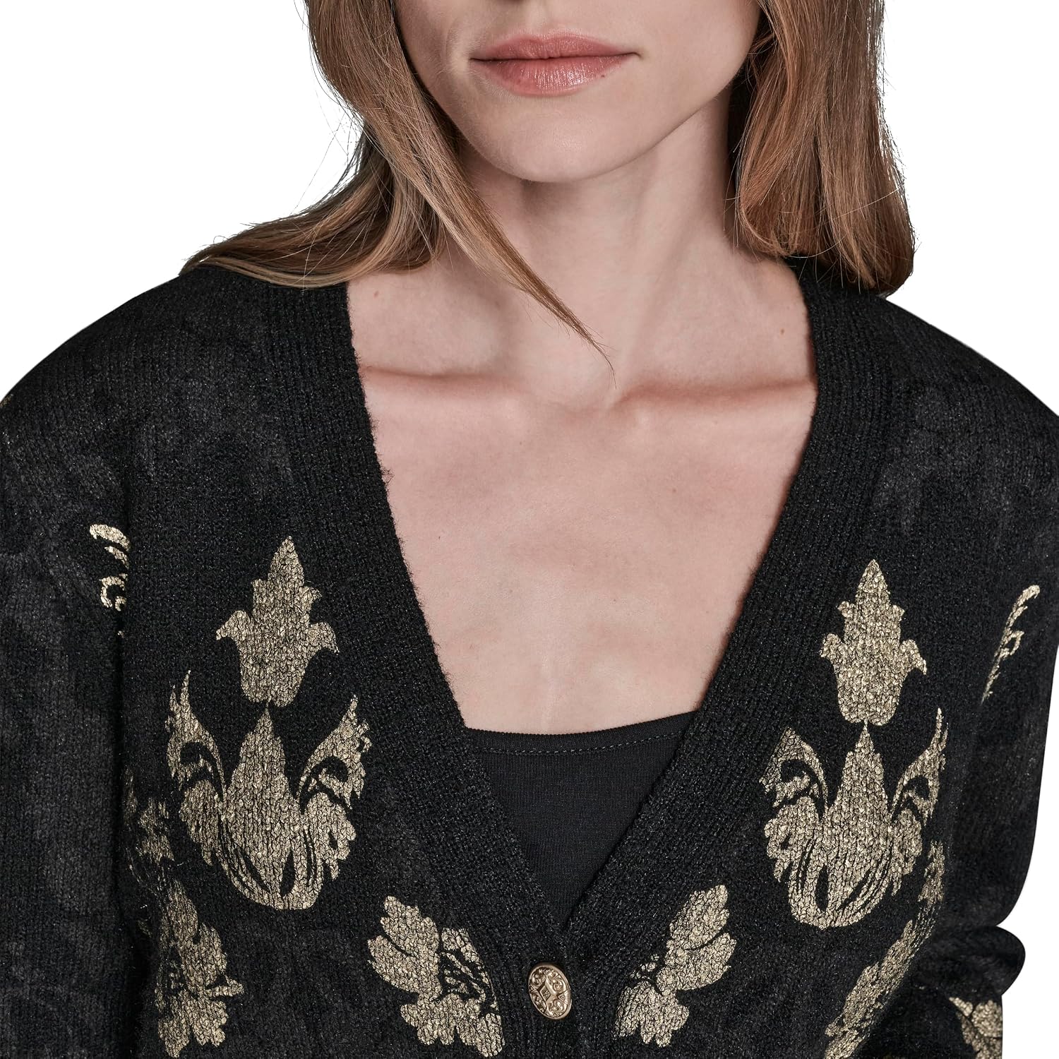 Women's Damask Print V Neck Button Front Cardigan
