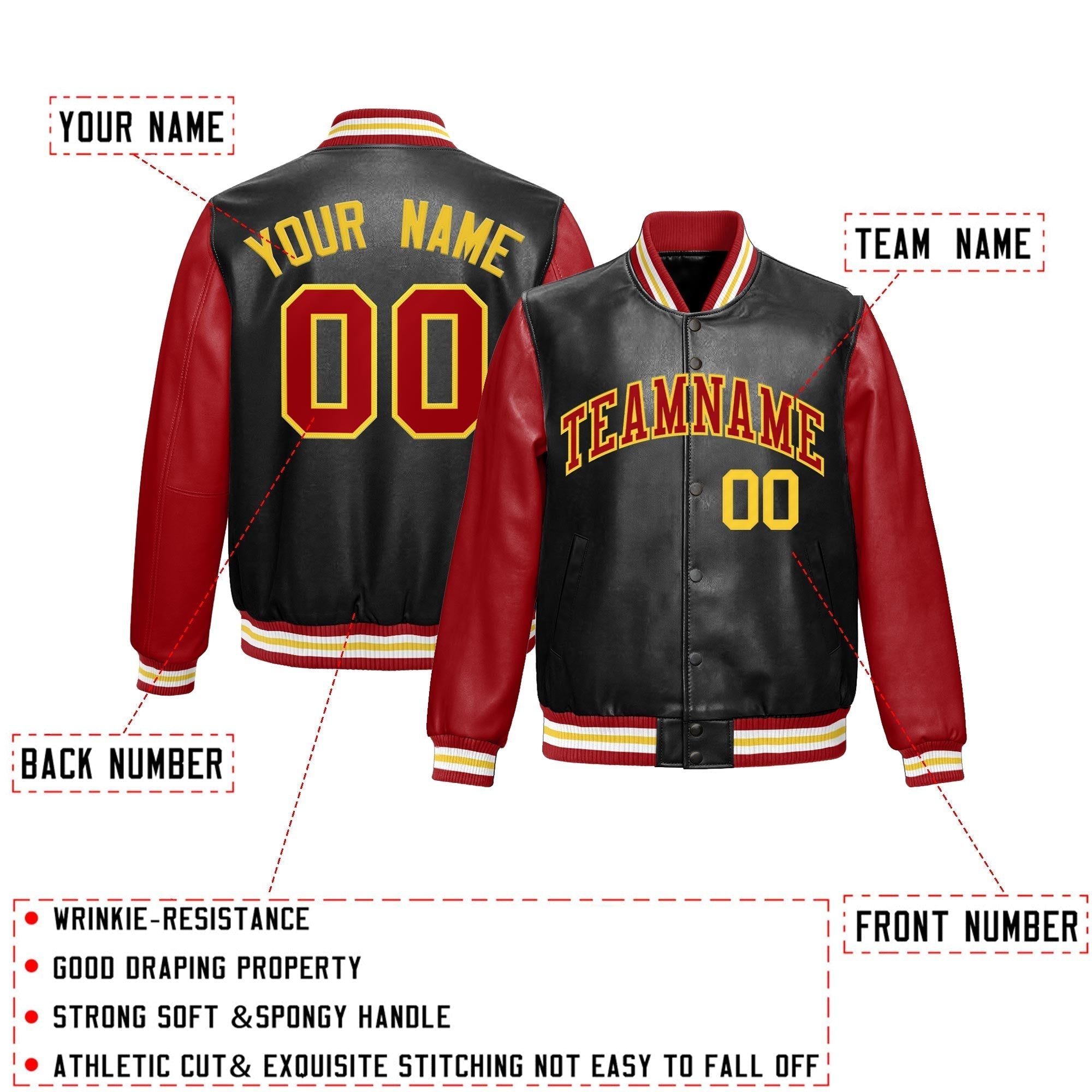 Custom Raglan Sleeves Full-Snap Varsity Faux Leather Letterman Jacket Custom Raglan Sleeves Full-Snap Varsity Faux Leather Letterman Jacket