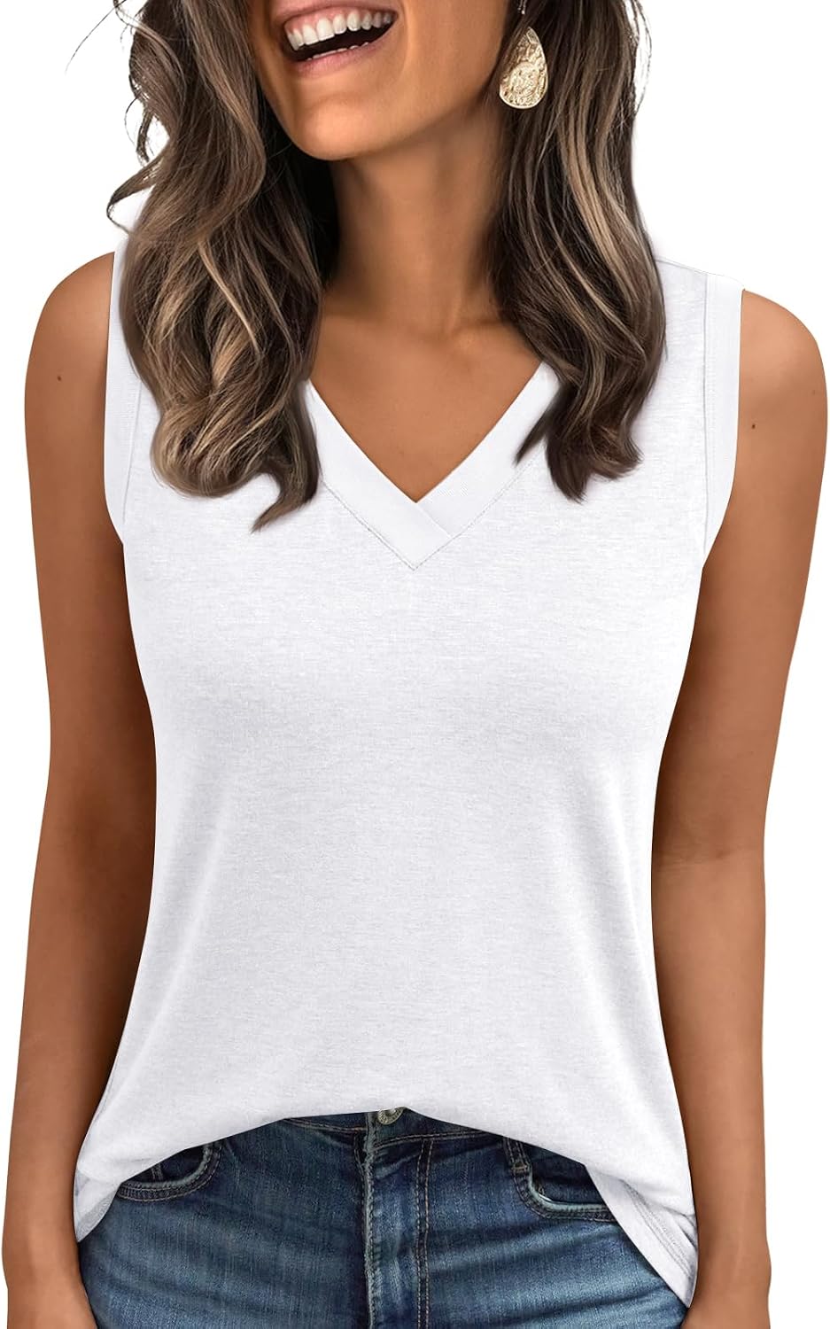 Women's White V Neck Thick Strap Tank Top