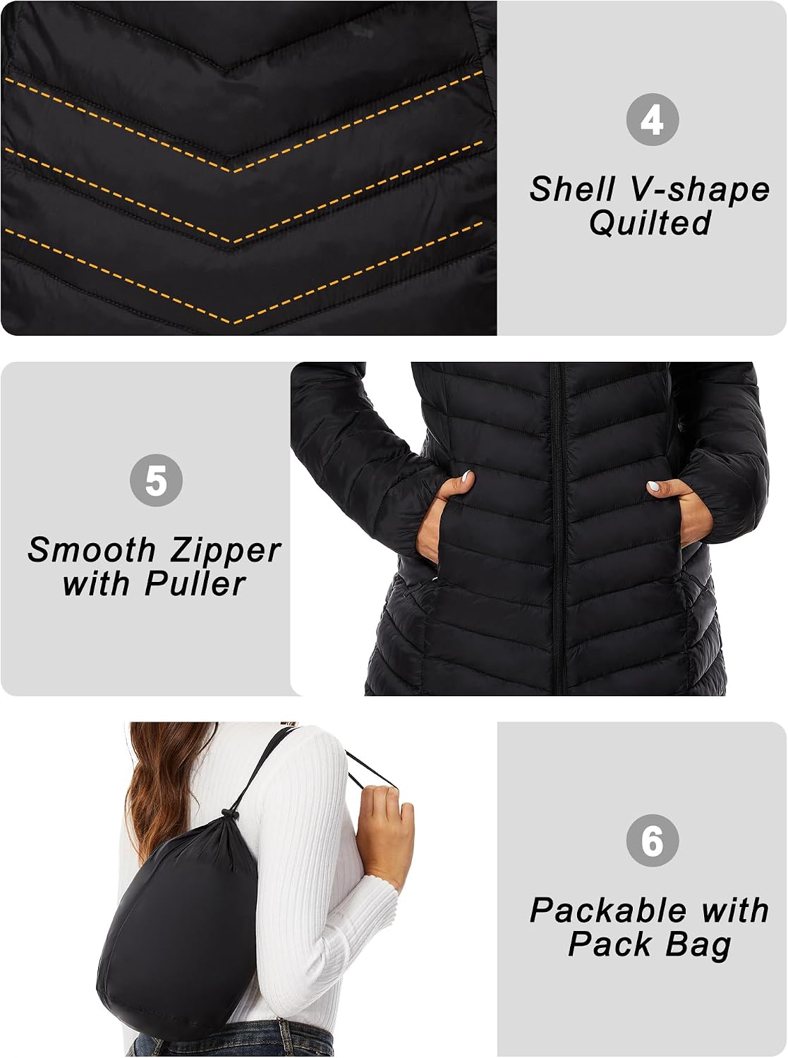 Women's Packable Hooded Puffer Jacket Lightweight Black