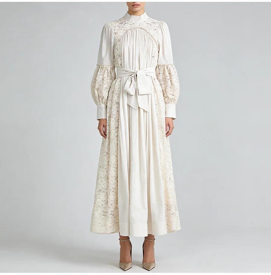 Women's Lace Patchwork Maxi Dress Lantern Sleeve Tie Waist