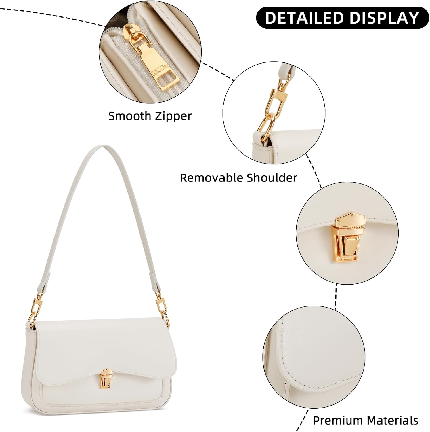Women's White PU Flap Shoulder Bag Gold Lock