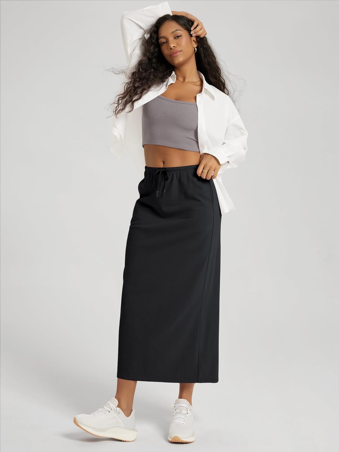 Women's Cotton Terry Drawstring Midi Skirt Black