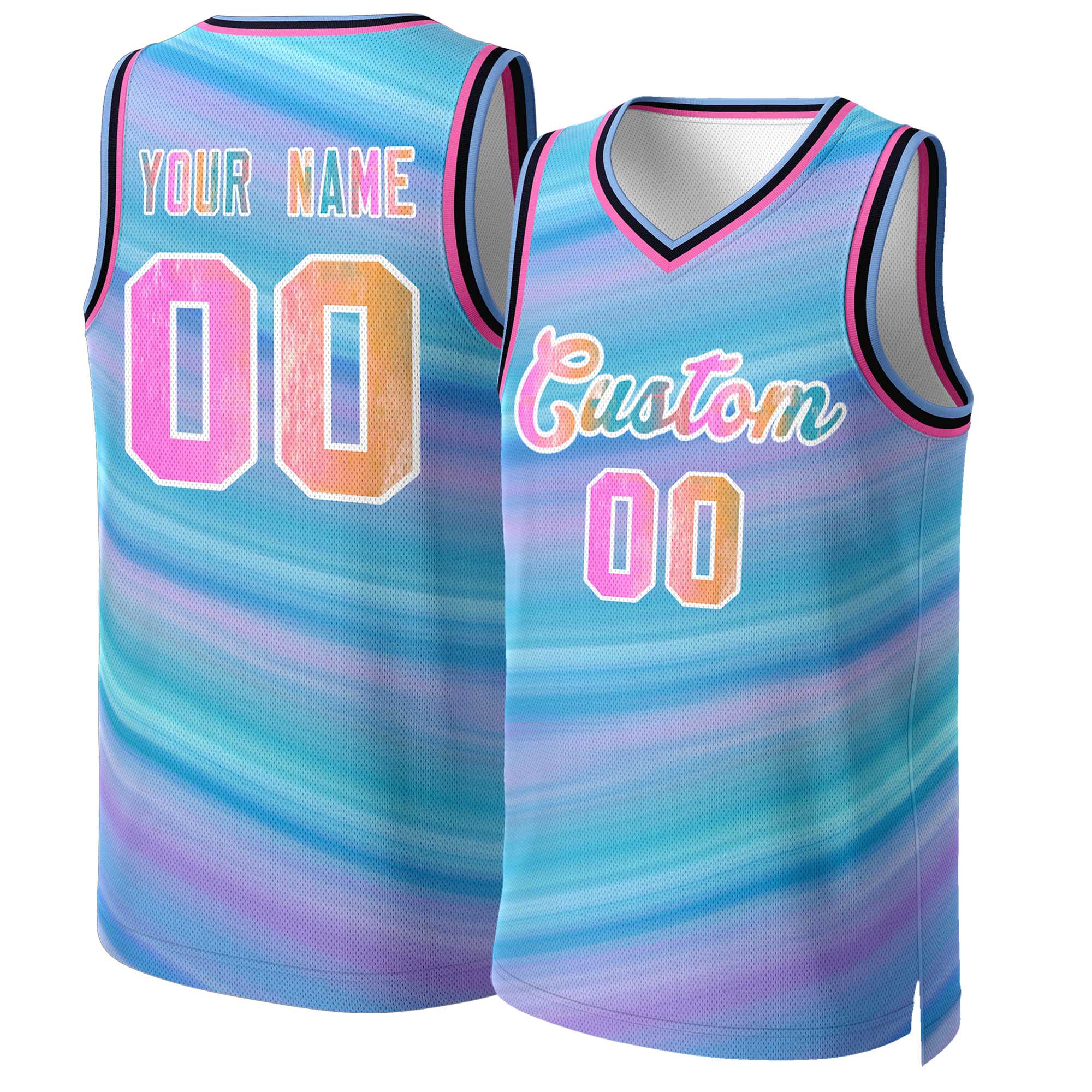 Benutzerdefinierte hellblaue Graffiti-weiße Graffiti-Musteroberteile Mesh-Basketballtrikot