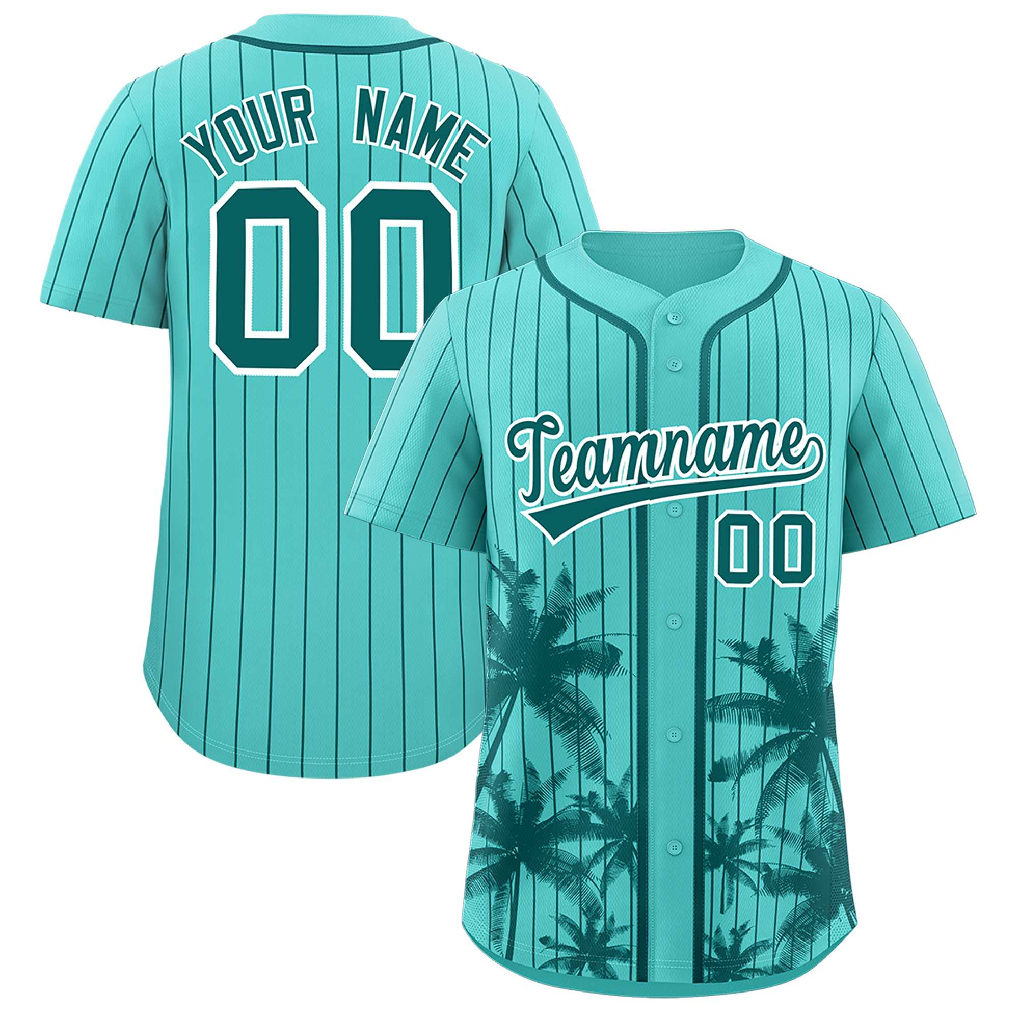 Benutzerdefiniertes leuchtend grünes Aqua-Nadelstreifen-Kokosnussbaum-Muster, authentisches Baseball-Trikot