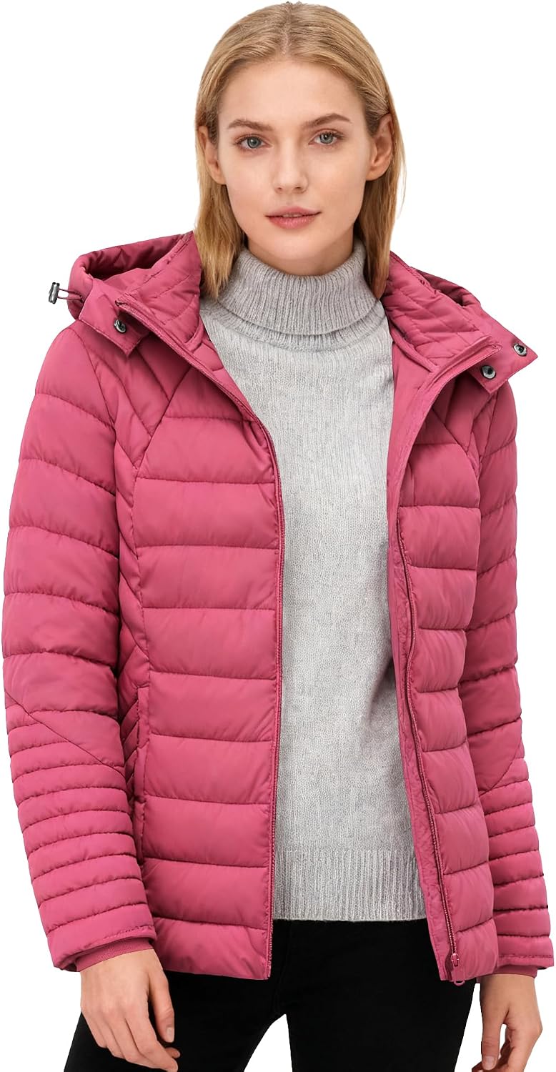Women's Short Quilted Down Coat Detachable Hood Berry