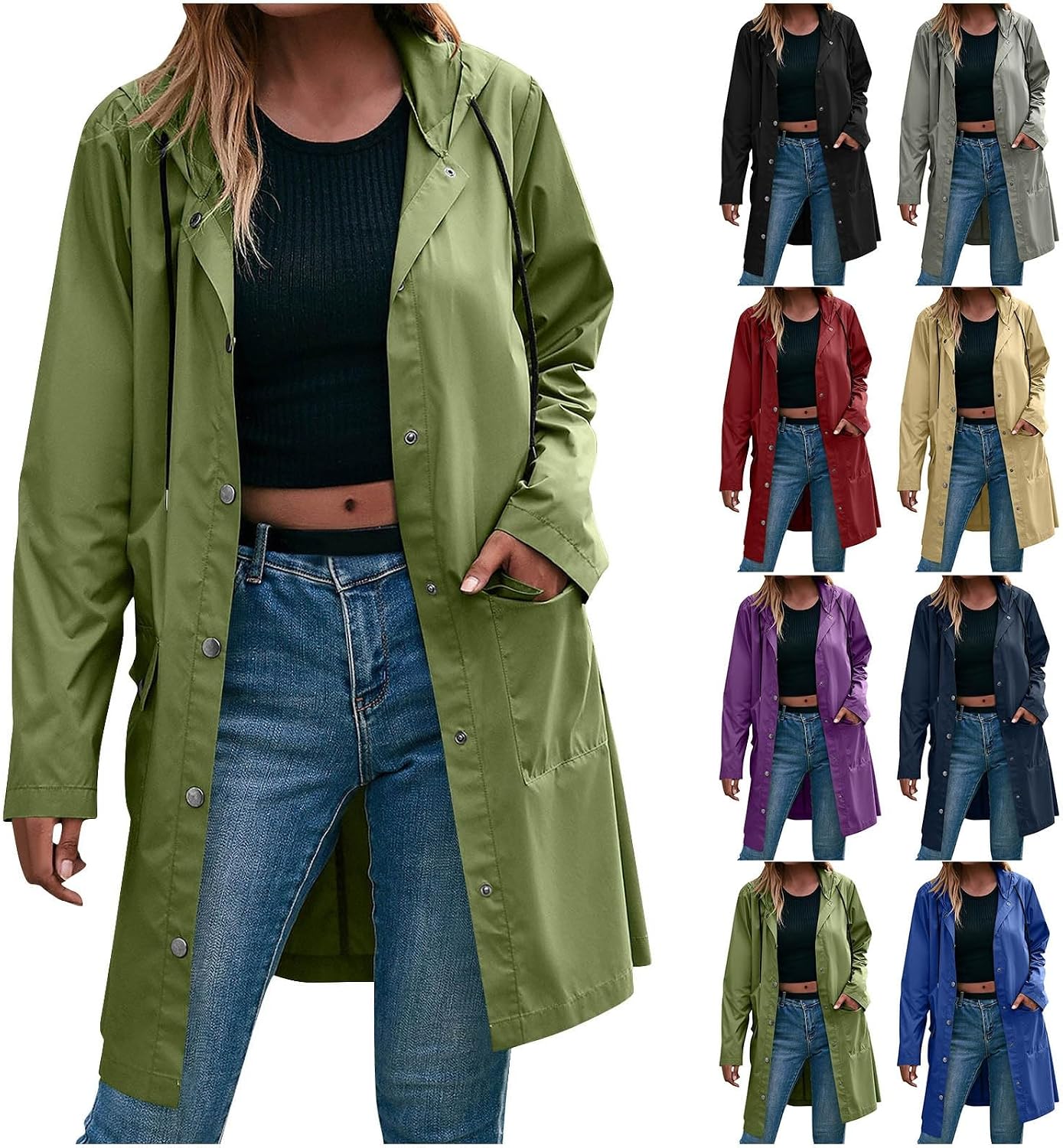 Women Raincoat Waterproof Button Down Long Hooded Trench Coats Fashion Pockets Hiking Travel Windbreaker Rain Jacket