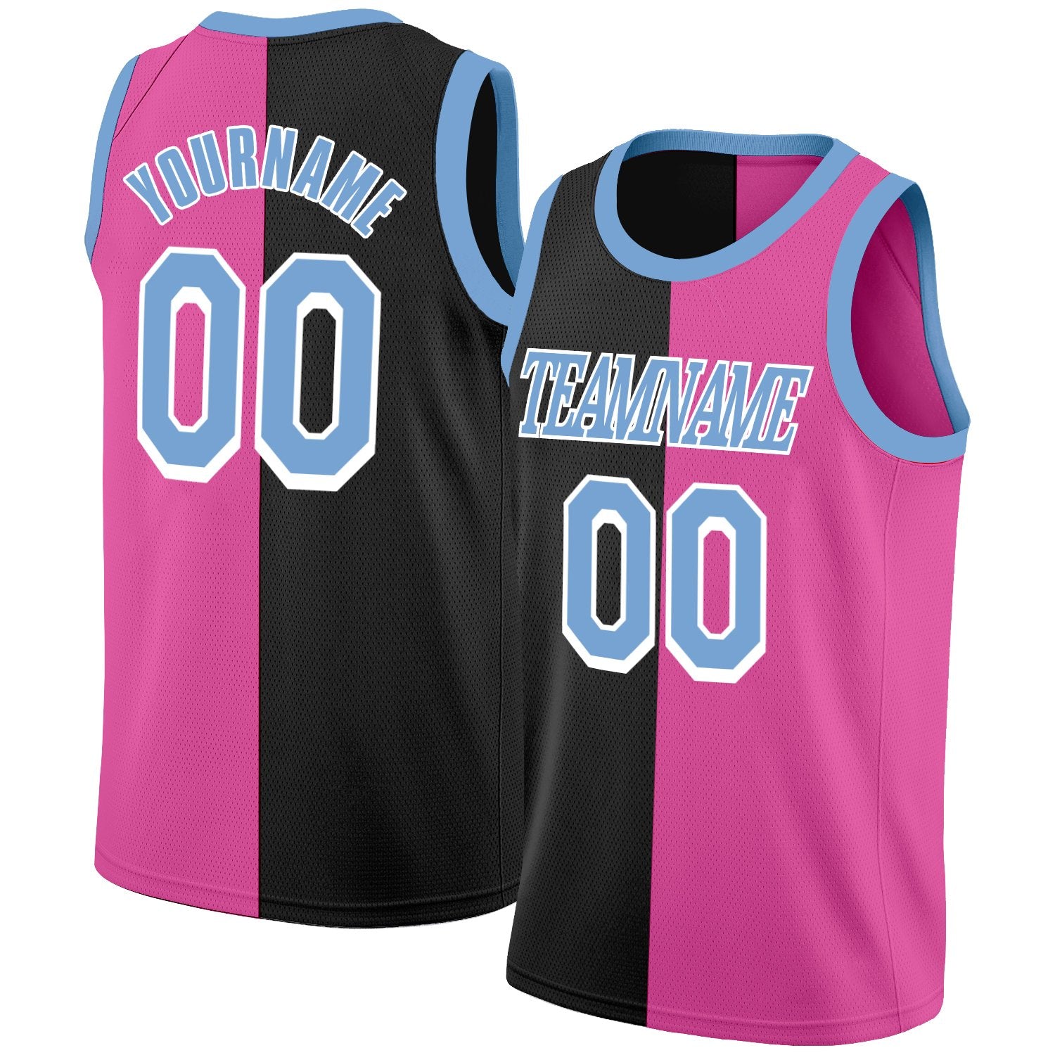 Benutzerdefiniertes rosa-schwarz-blaues Split-Fashion-Tops-Basketballtrikot