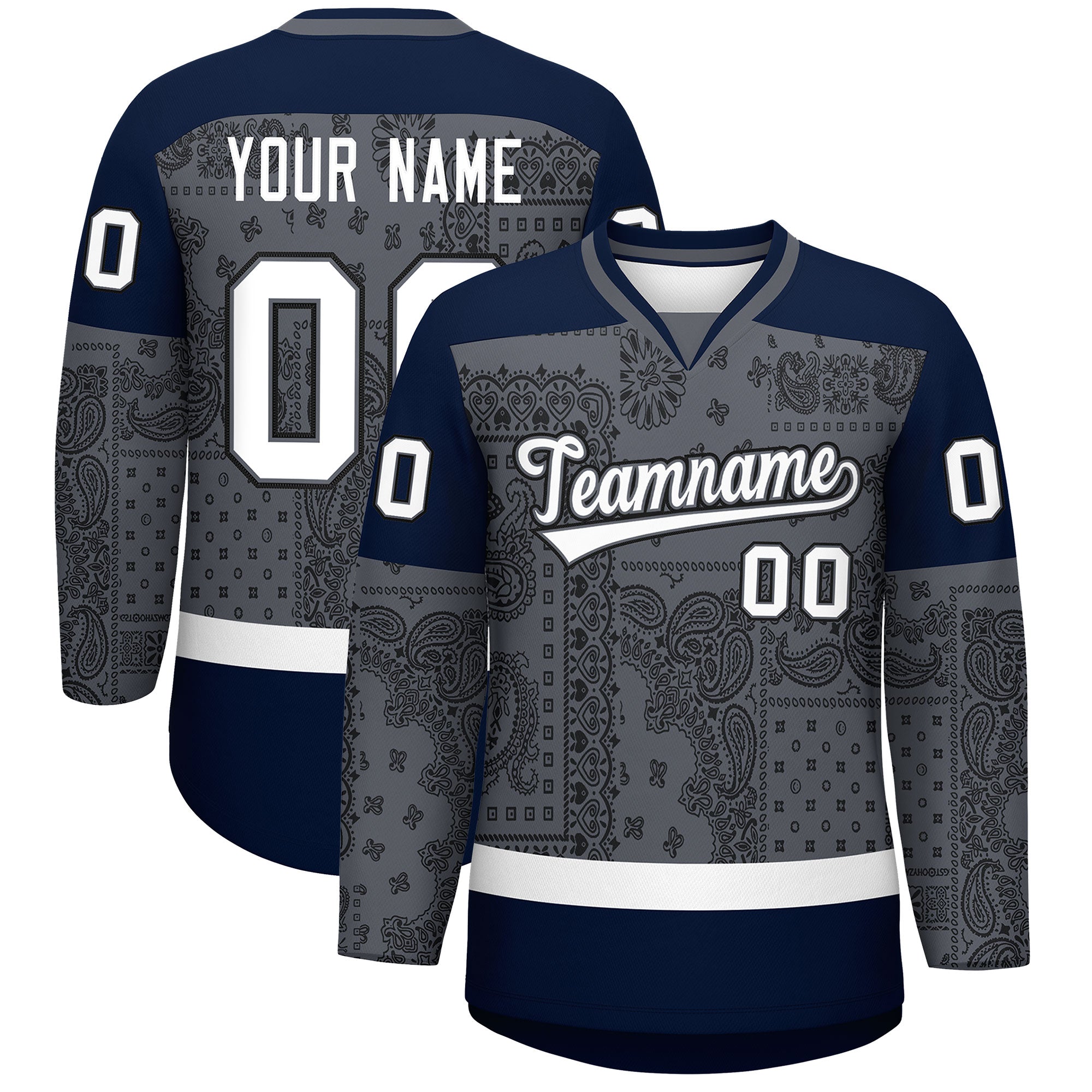 Custom Cashew Flower Graffiti Pattern V-Neck Hockey Jersey
