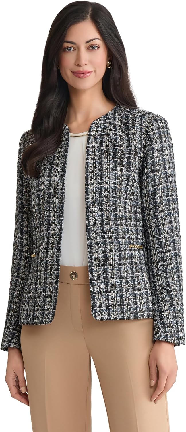 Women's Tweed Open Front Cardigan Jacket Black White