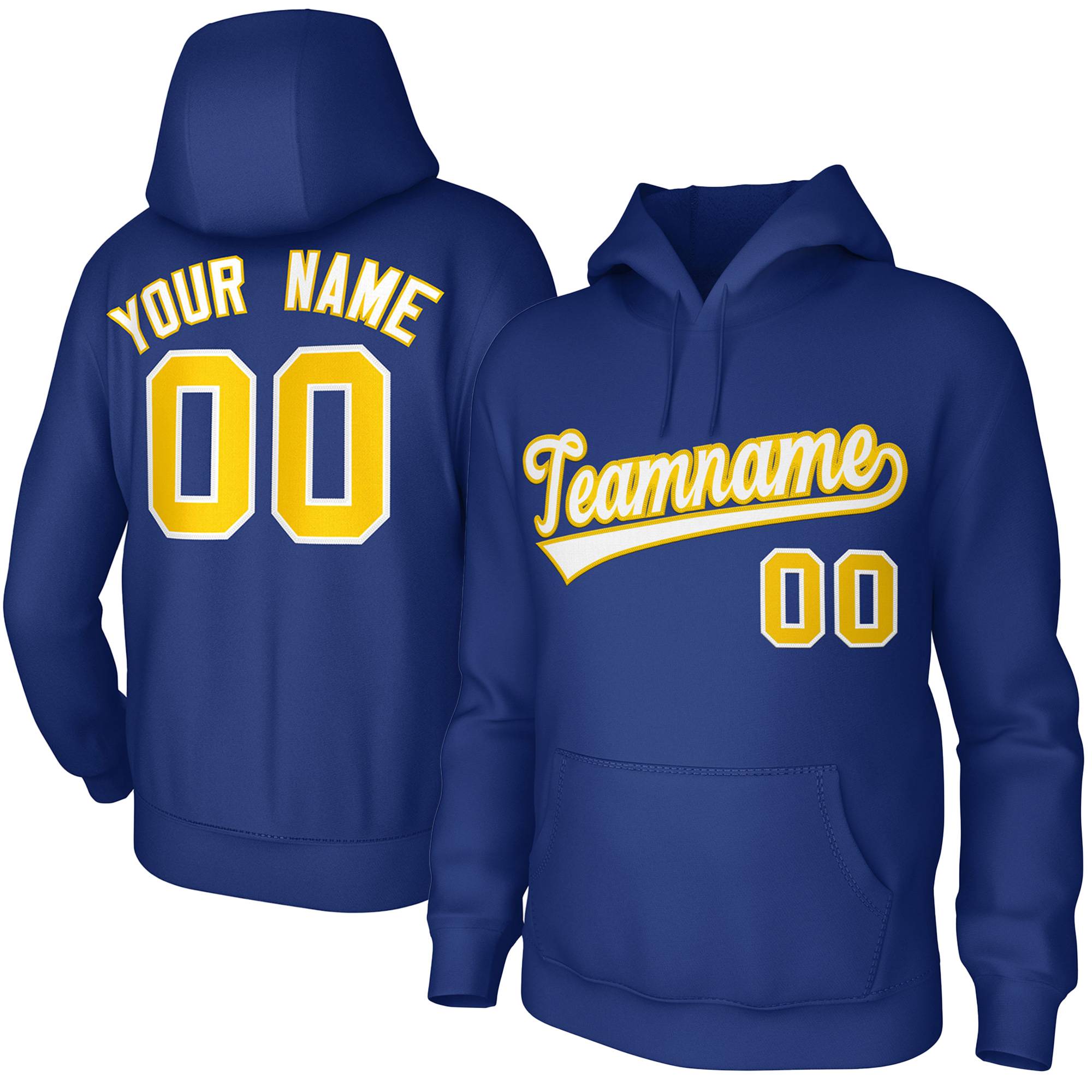 Maßgeschneiderter königlicher weiß-gelber Sportuniform-Pullover-Hoodie im klassischen Stil