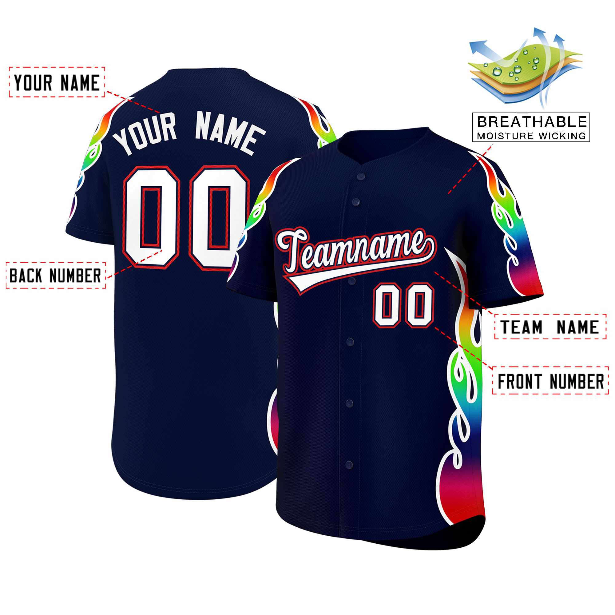 Benutzerdefiniertes Graffiti-Muster, personalisierter mehrfarbiger Flammendruck, authentisches Baseball-Trikot
