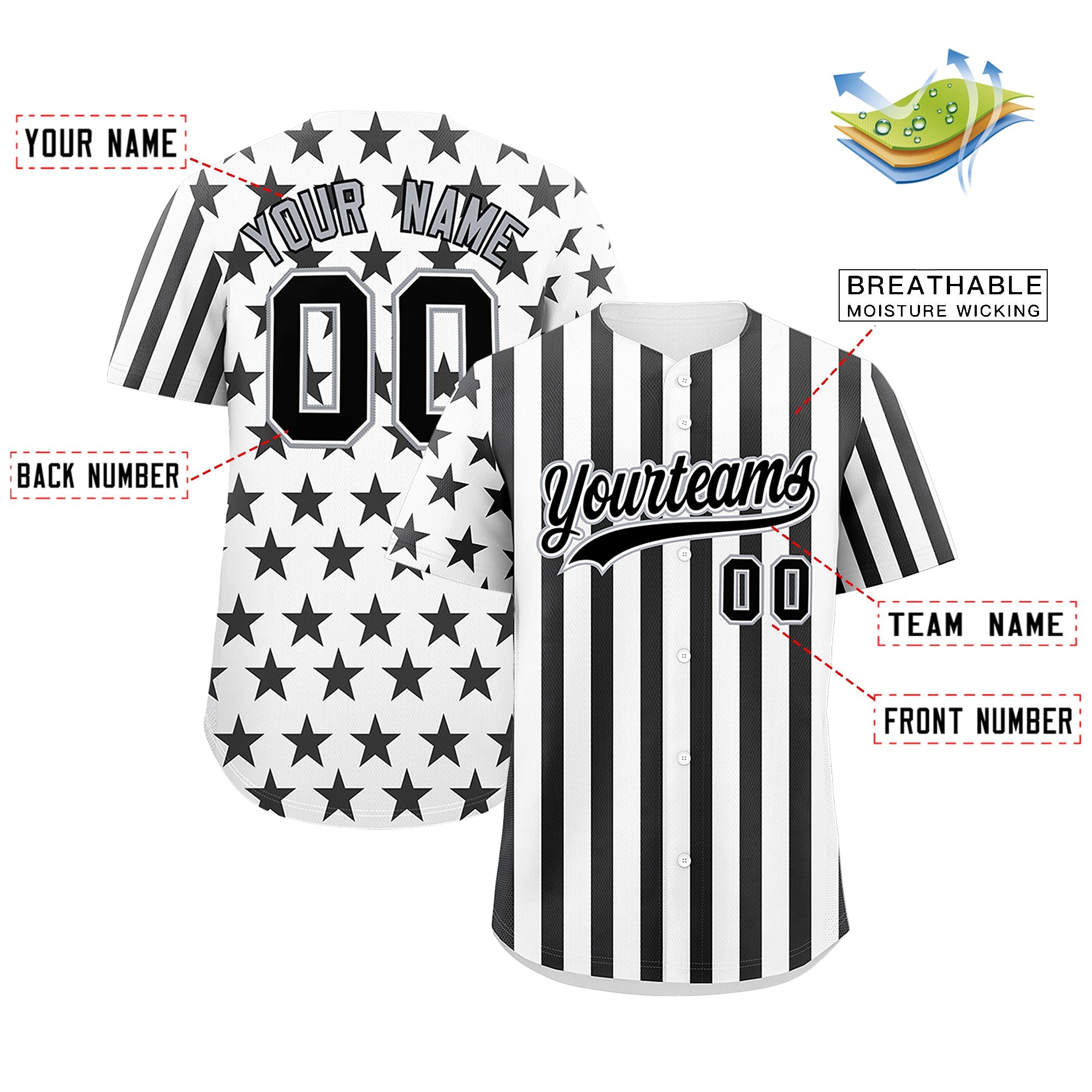 Benutzerdefiniertes Graffiti-Muster-Baseball-Trikot mit amerikanischer Flagge