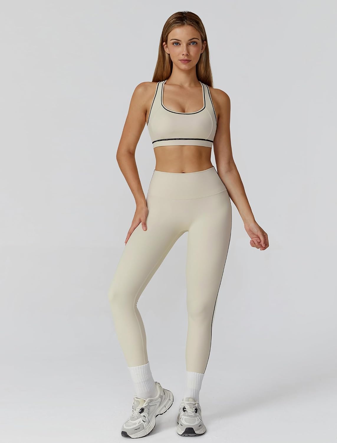 Women's 3 Piece Zip Jacket Bra Leggings Set Cream