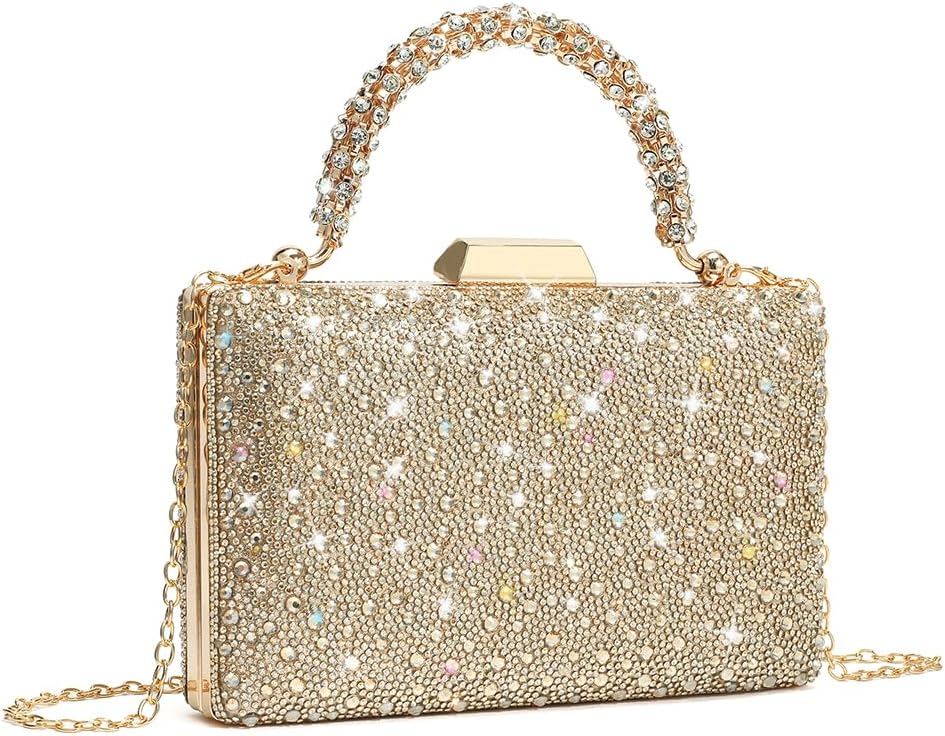 Women's Rhinestone Evening Clutch Crystal Top Handle Purse Gold