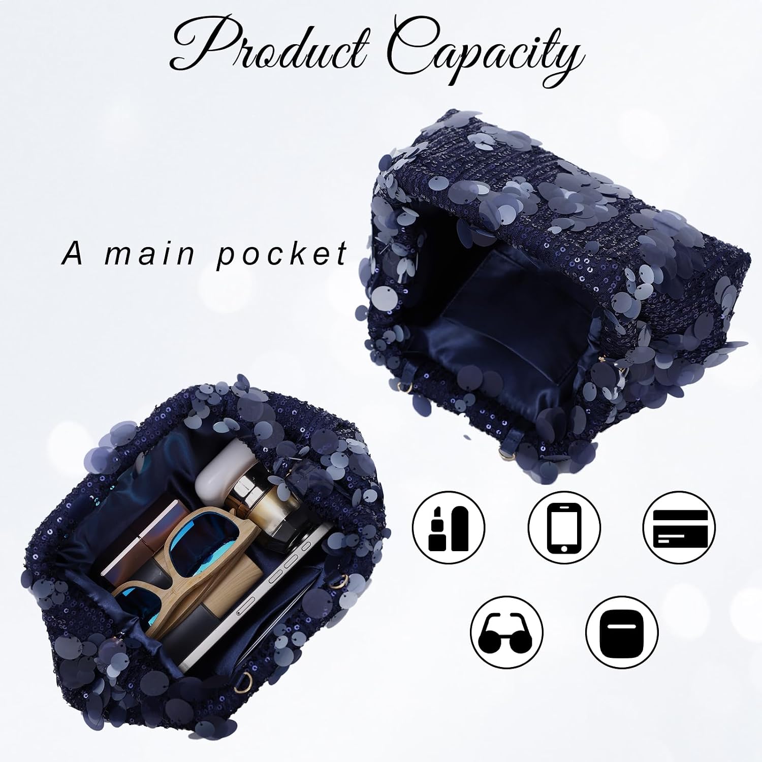 Women's Navy Sequin Dumpling Clutch with Detachable Chain Strap