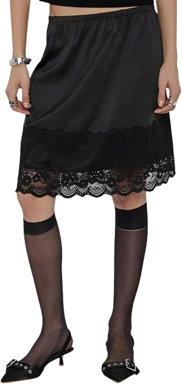 Women's Satin Lace Trim Midi Skirt Flowy Black