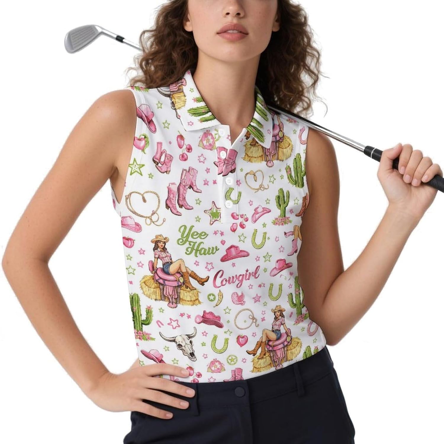 Women's Sleeveless Golf Polo Tank Cowgirl Print UPF 50