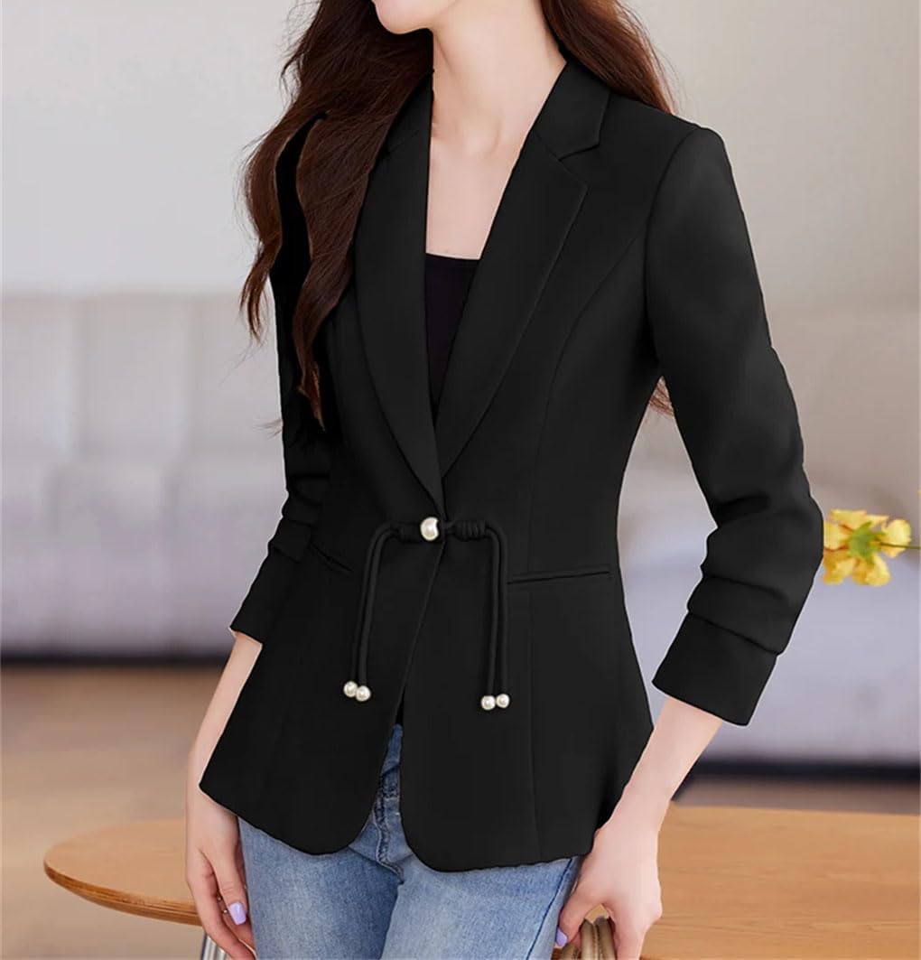 Solid Color Casual Fit Lapel Pearl Tassel Stitching Women's Blazer