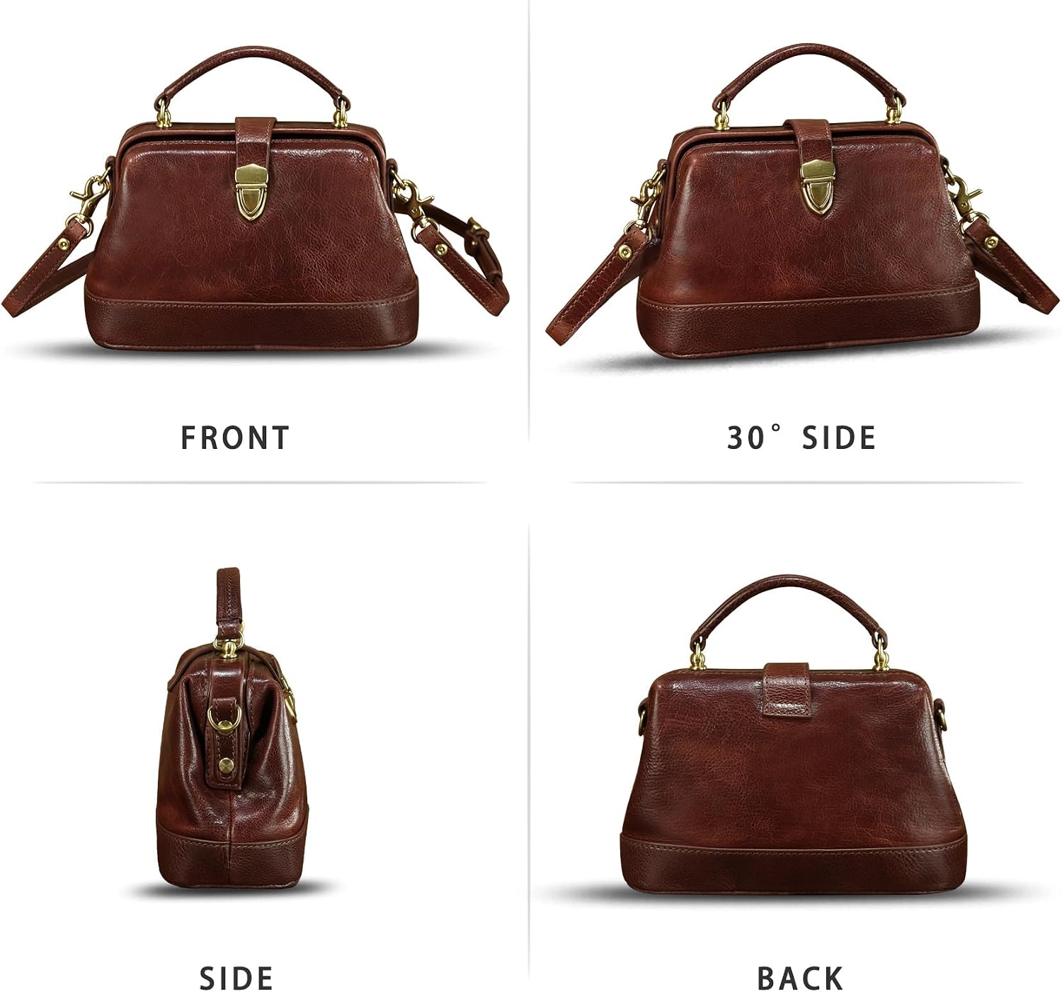 Women's Vintage Genuine Leather Kiss Lock Doctor Bag Brown Women's Vintage Genuine Leather Kiss Lock Doctor Bag Brown