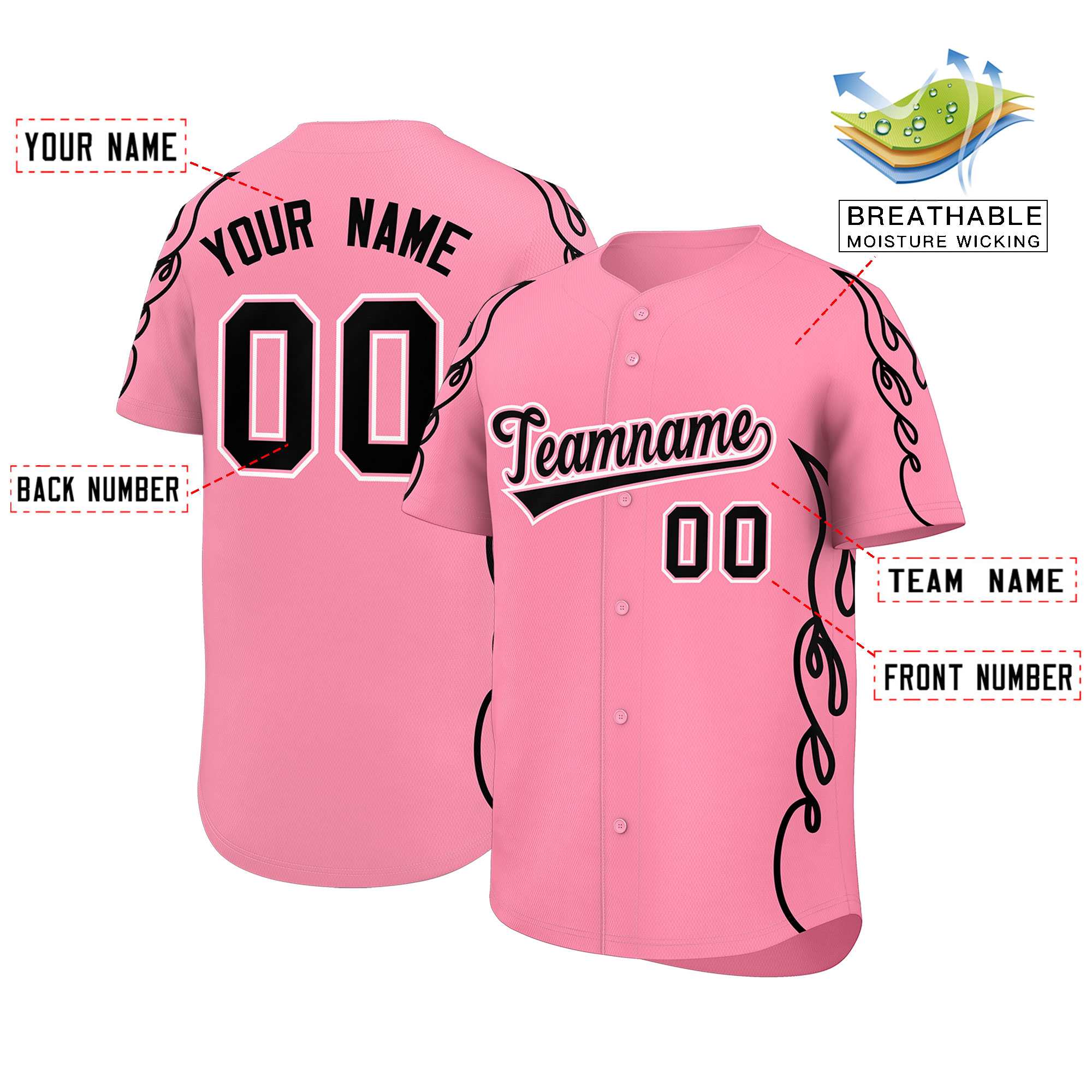 Benutzerdefiniertes Baseball-Trikot mit Seitenflammen-Umrissmuster für Sportuniformen