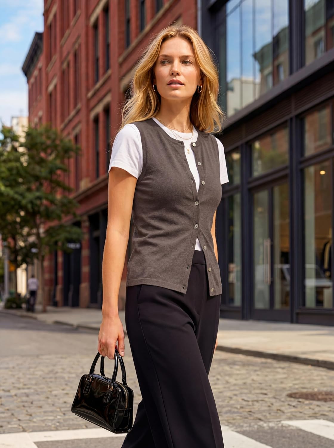 Women's Brown Button Down Crew Neck Knit Tank Women's Brown Button Down Crew Neck Knit Tank
