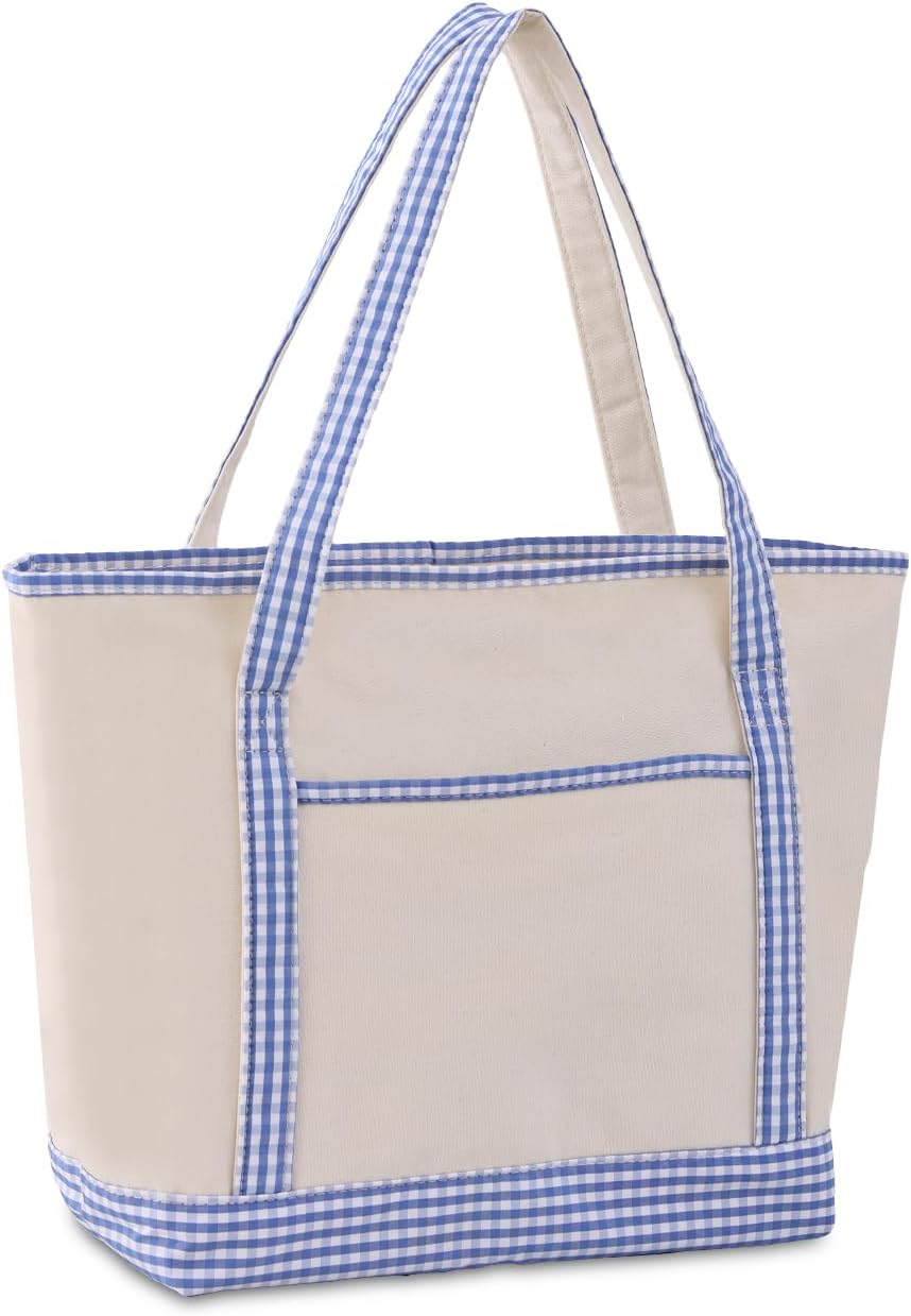 Women's Canvas Gingham Trim Tote Bag Beige Blue