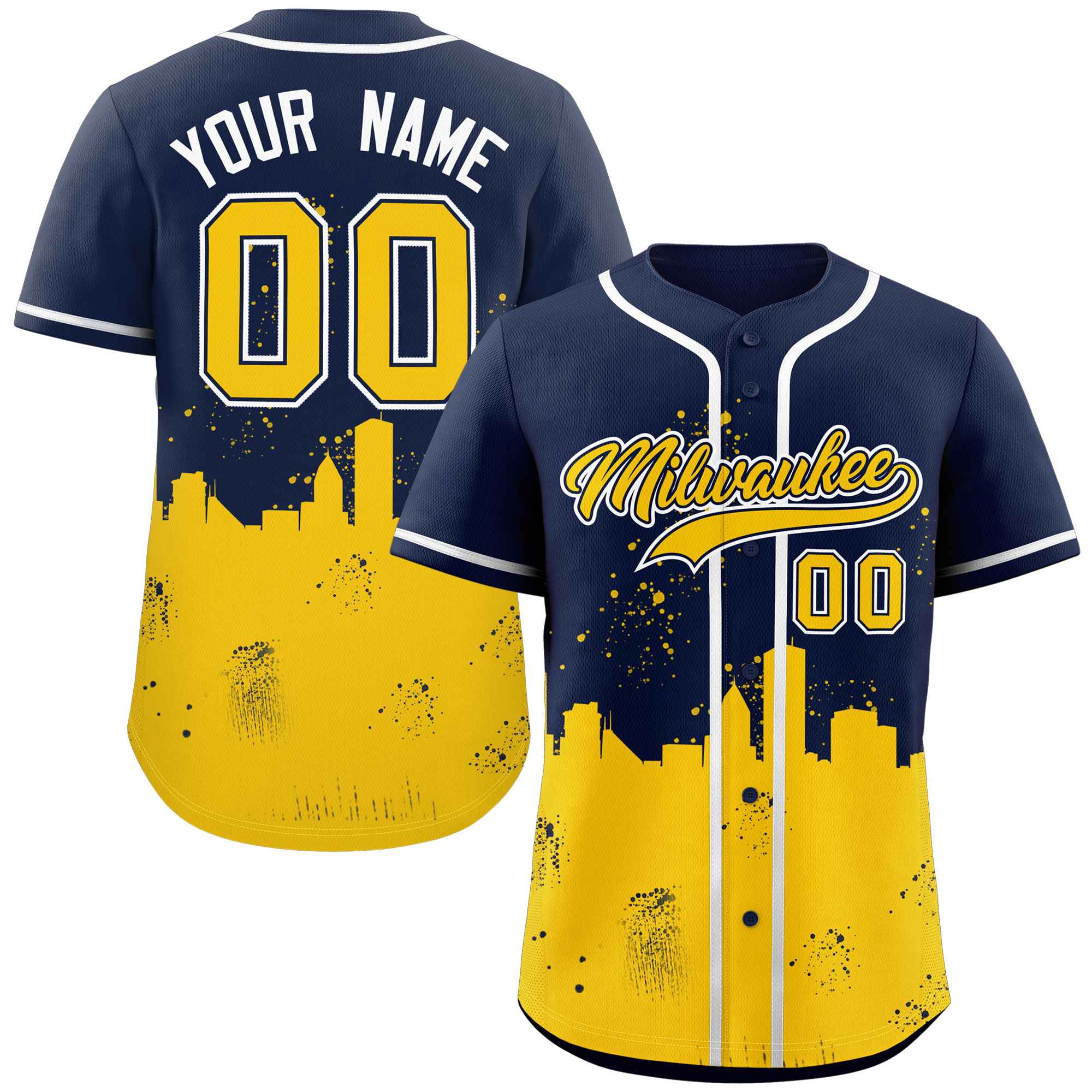 Maßgeschneidertes, personalisiertes Milwaukee City Nightscape Authentisches Baseball-Trikot in Marineblau