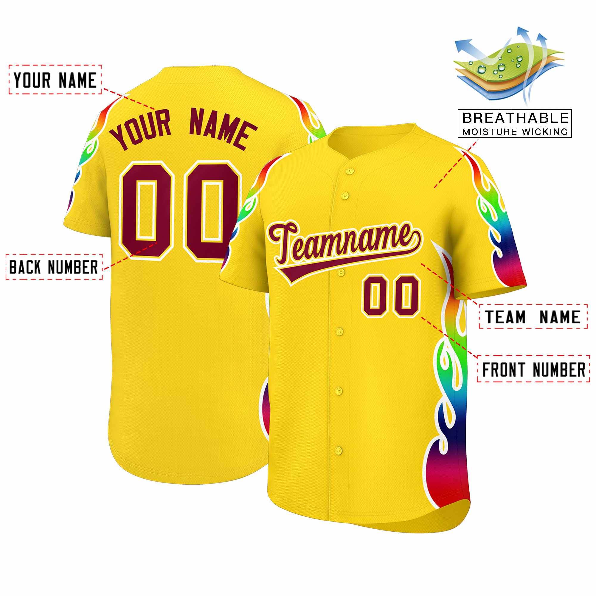 Benutzerdefiniertes Graffiti-Muster, personalisierter mehrfarbiger Flammendruck, authentisches Baseball-Trikot
