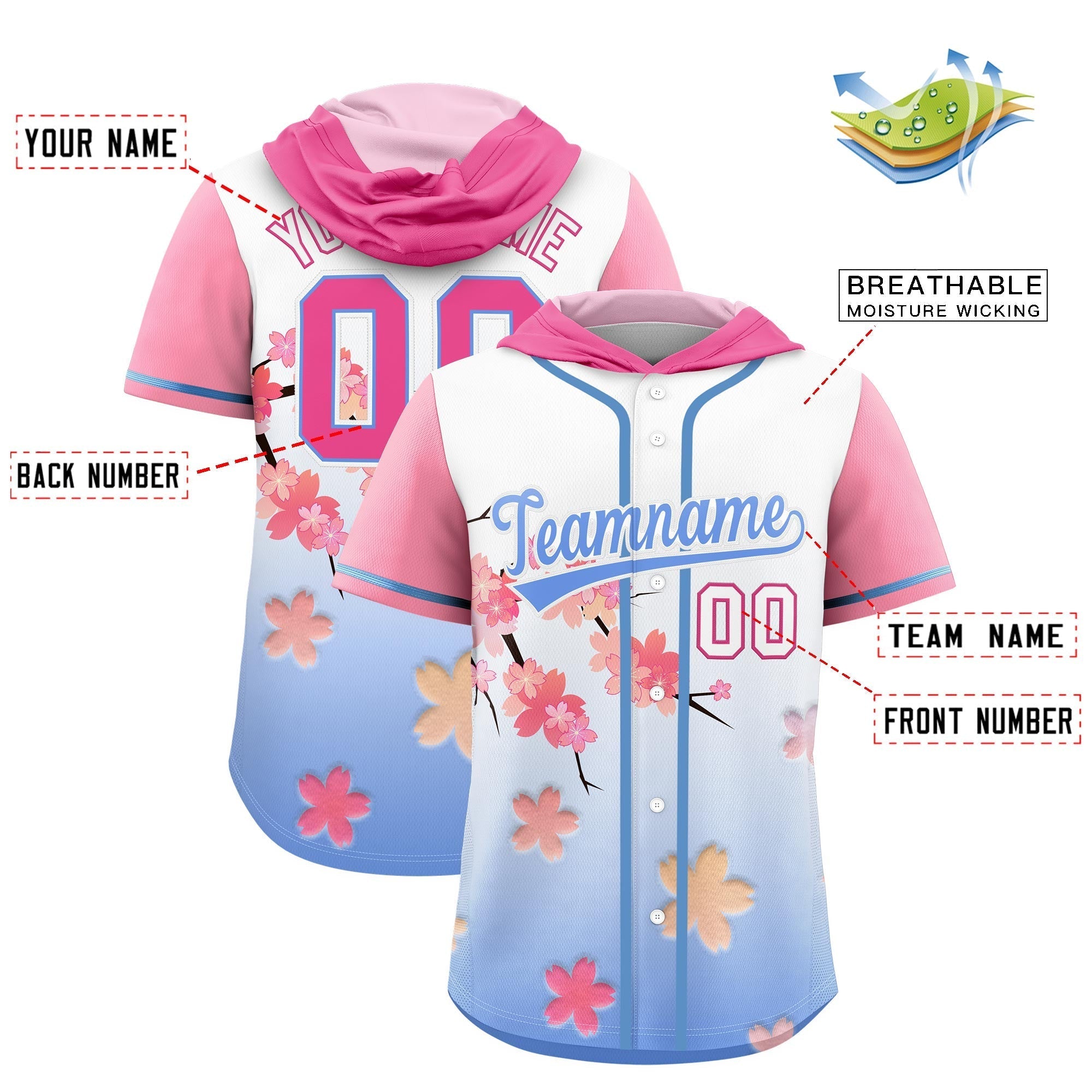 Benutzerdefiniertes Kirschblüten-Raglanärmel-atmungsaktives Baseball-Kapuzentrikot Benutzerdefiniertes Kirschblüten-Raglanärmel-atmungsaktives Baseball-Kapuzentrikot