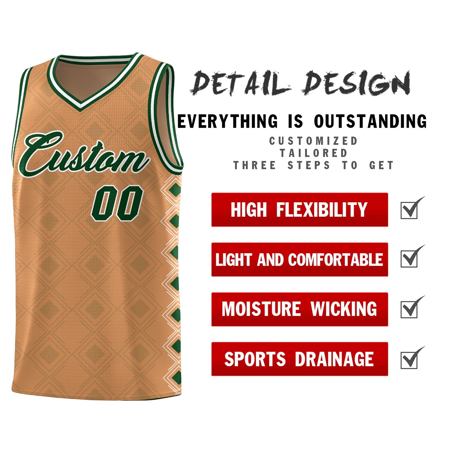 Maßgeschneidertes hellbraunes Basketball-Trikot mit seitlichen Blöcken für Sportuniformen