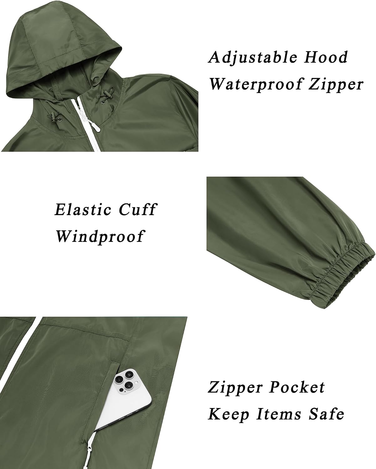 Women's Packable Hooded Rain Jacket Waterproof Army Green