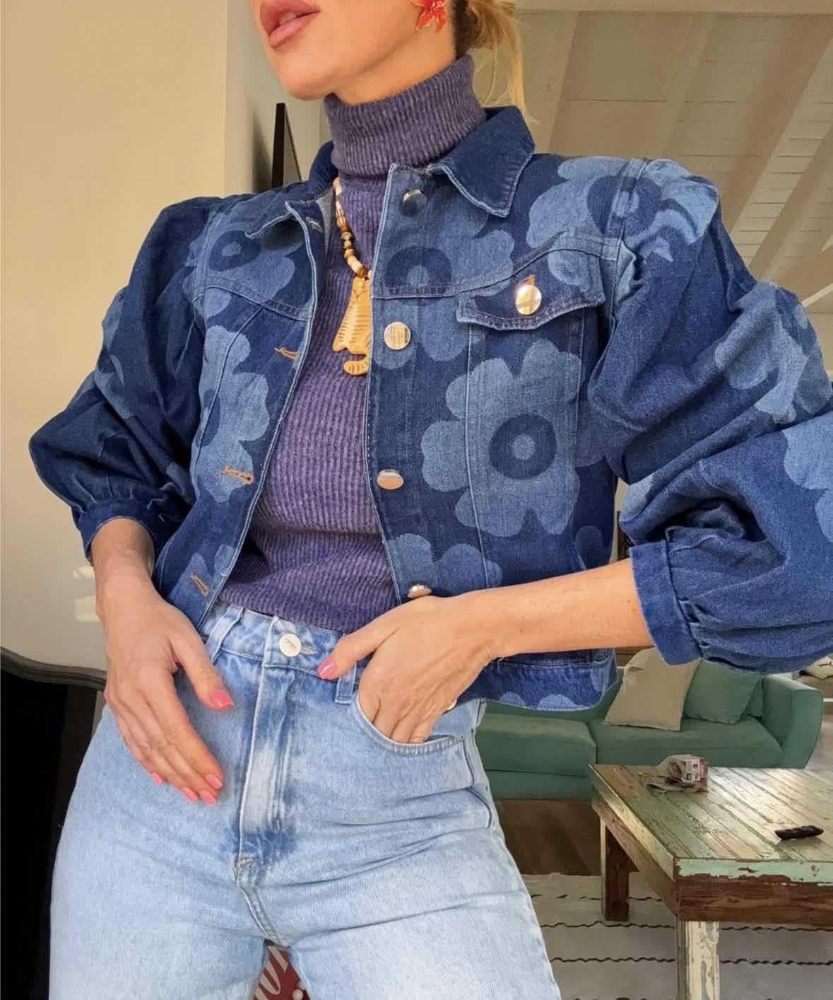 Women's Cropped Jean Jacket Fall Outfits Fashion Floral Printed Button Down Shacket Short Denim Jackets