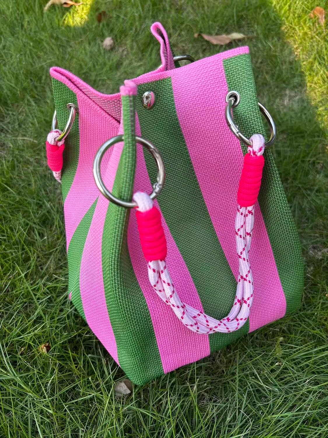 Women's Striped Canvas Bucket Tote Bag Pink Green Women's Striped Canvas Bucket Tote Bag Pink Green