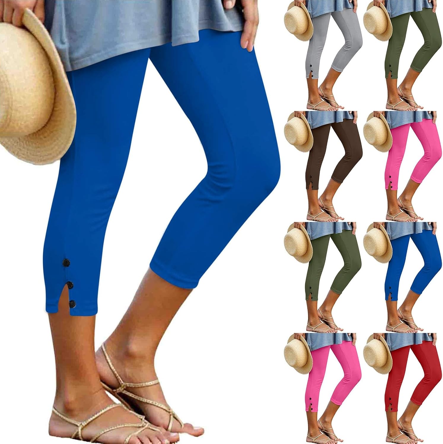 Women's Capri Leggings with Button Hem Slit (Royal Blue)