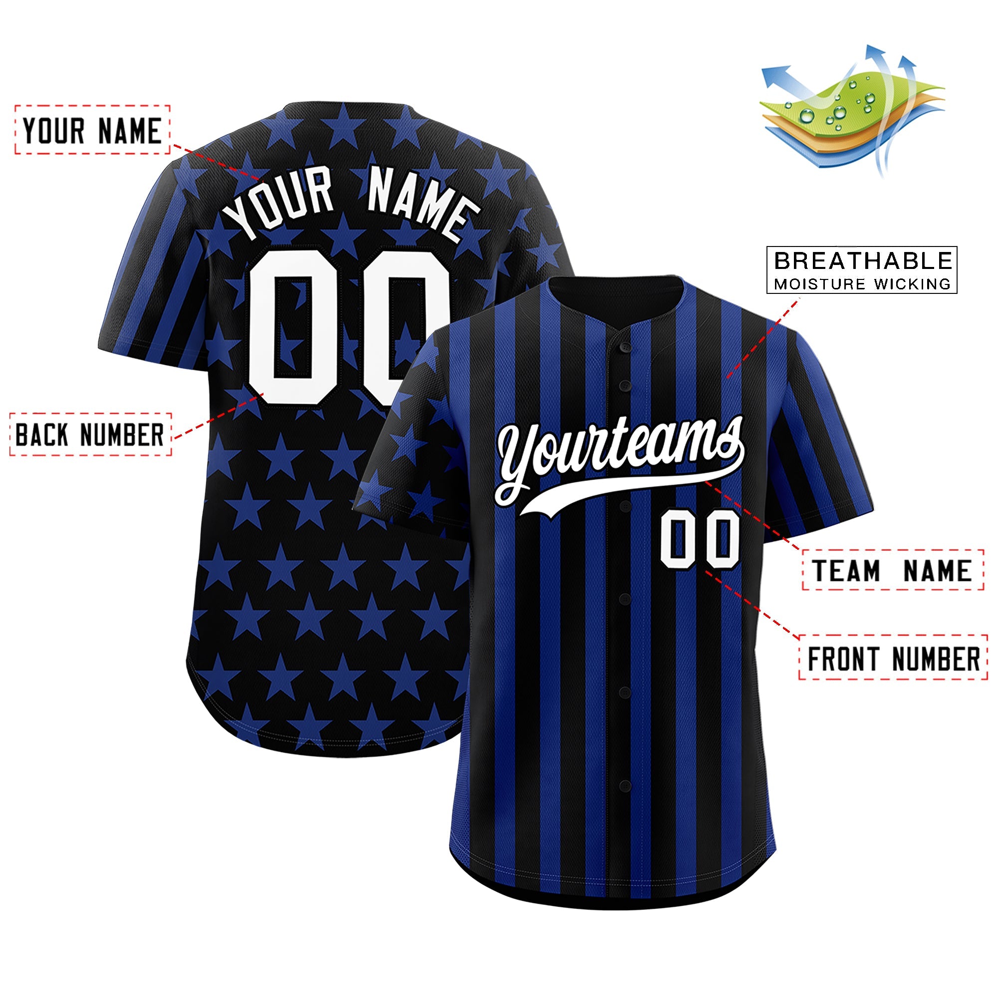 Benutzerdefiniertes Graffiti-Muster-Baseball-Trikot mit amerikanischer Flagge