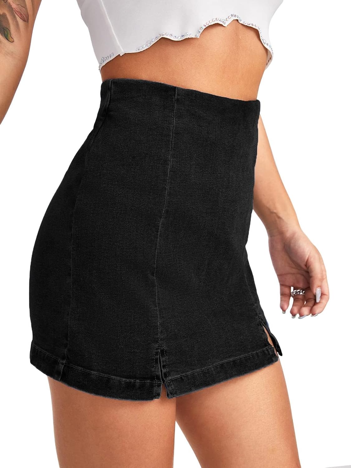 Women's High Waisted Denim Skort Black Split Hem