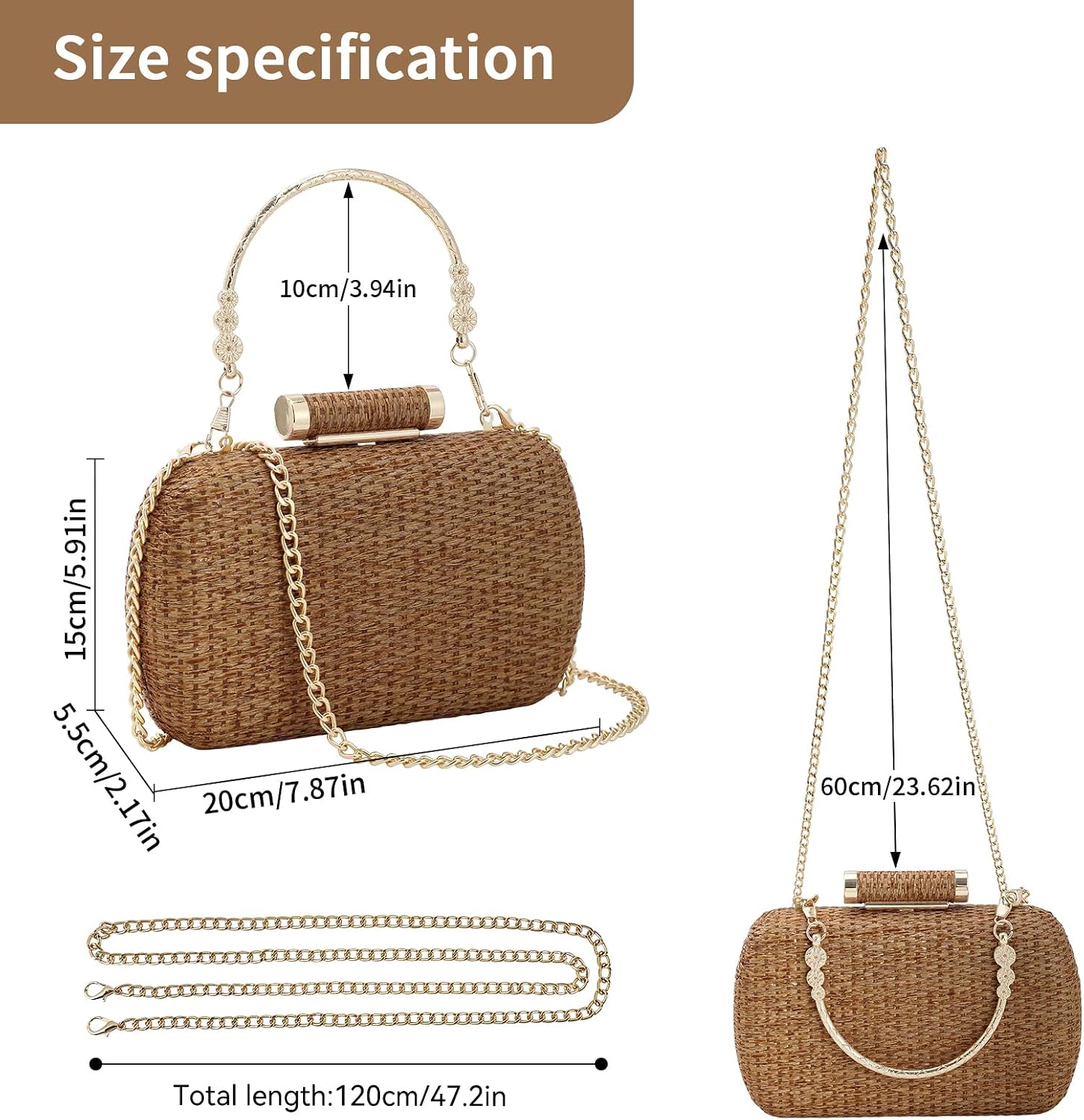 Women's Straw Box Clutch Woven Evening Bag with Chain Women's Straw Box Clutch Woven Evening Bag with Chain