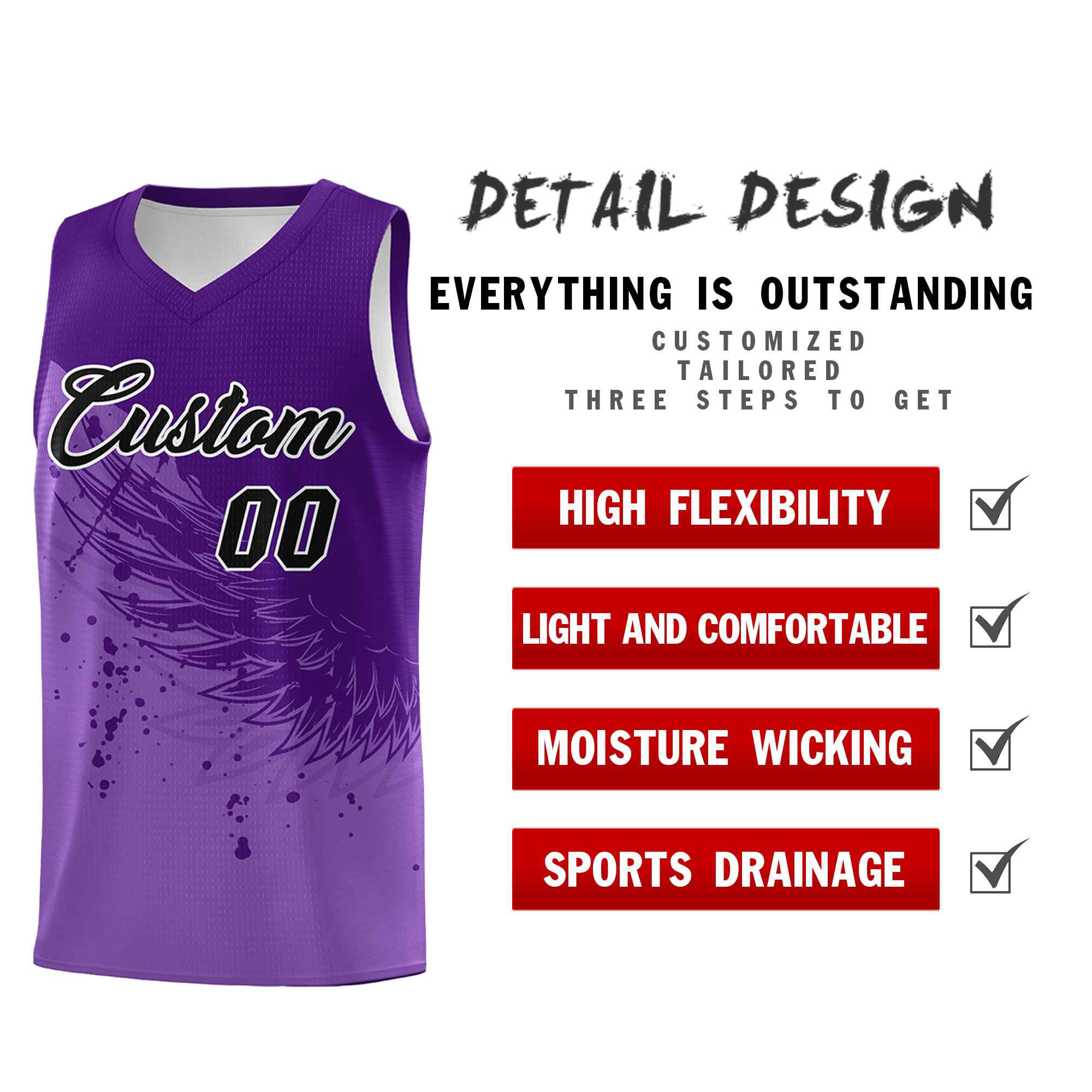 Benutzerdefiniertes hellviolettes lila Flügelmuster-Sportuniform-Basketballtrikot