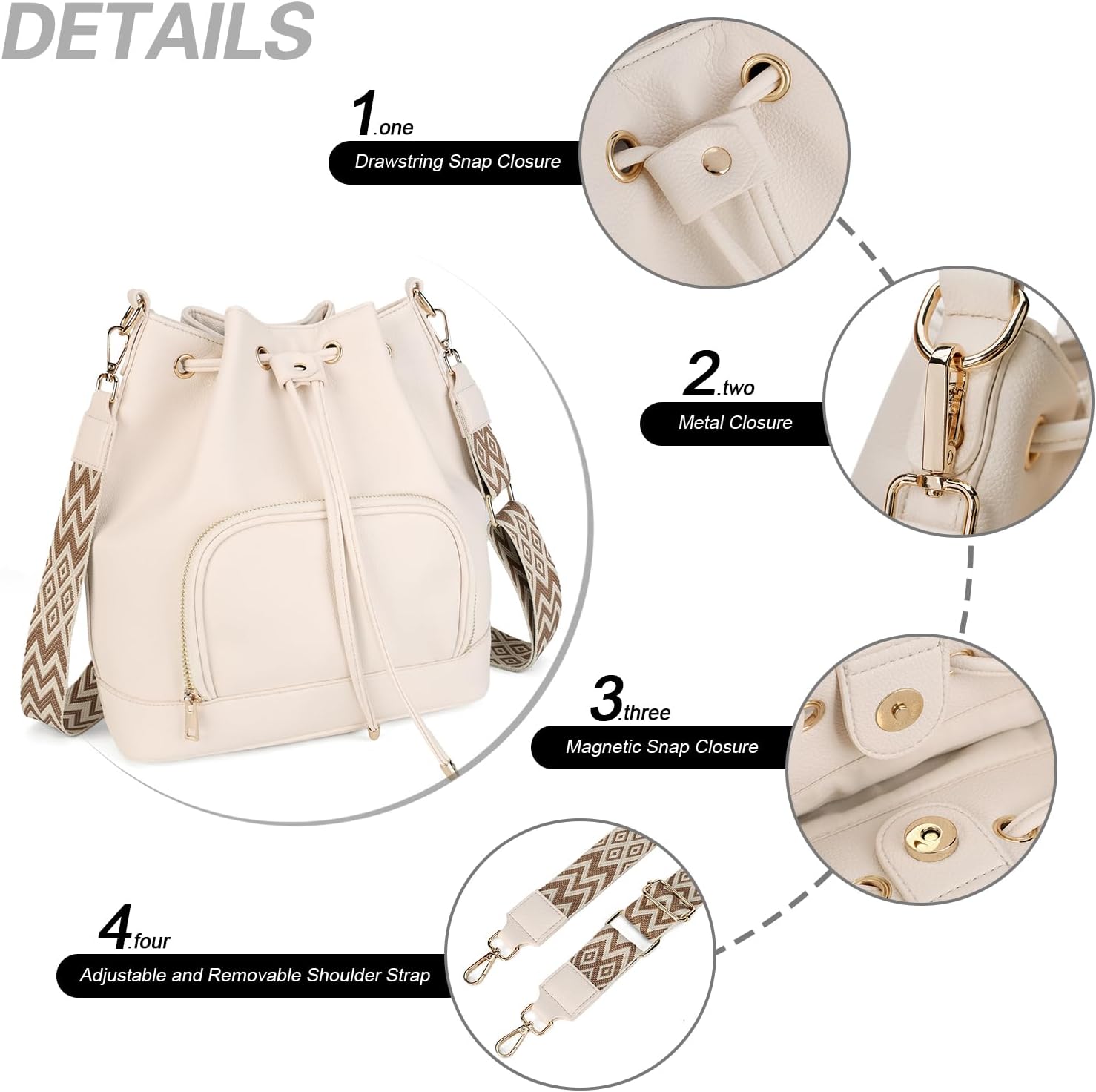 Women's Vegan Leather Drawstring Bucket Bag with Wide Strap